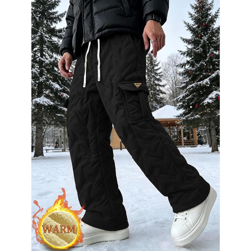 Men's Fleece-Lined Corduroy Wide-Leg Cargo Pants – Streetwear Drawstring Waist Trousers, Warm & Cozy Indoor Winter Lounge Wear