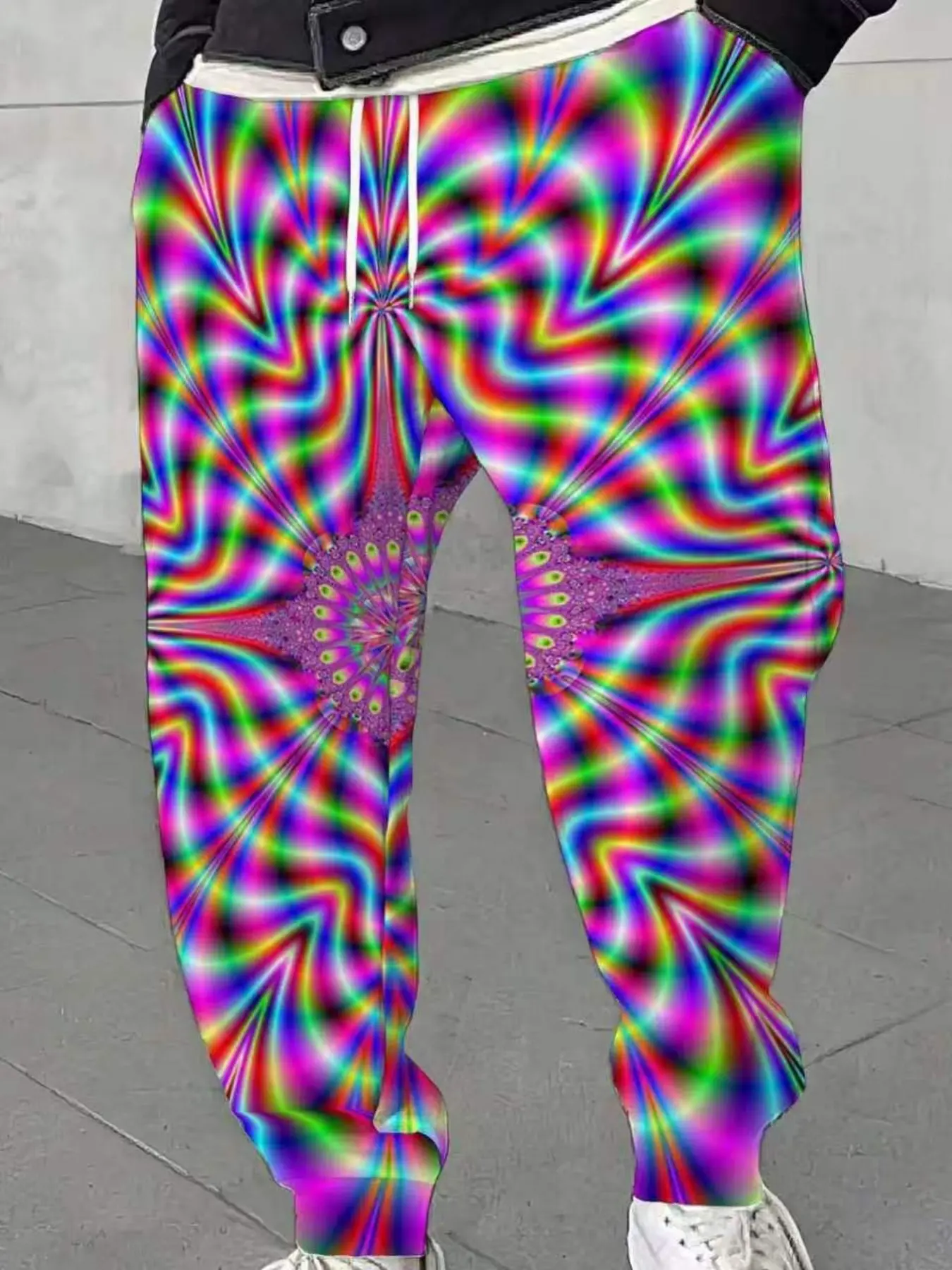 Trendy Kaleidoscope Mandala Psychedelic Wave Full Print Slim Fit Pants, Color Gradient Visual Art Elastic Waist Versatile Jogger
