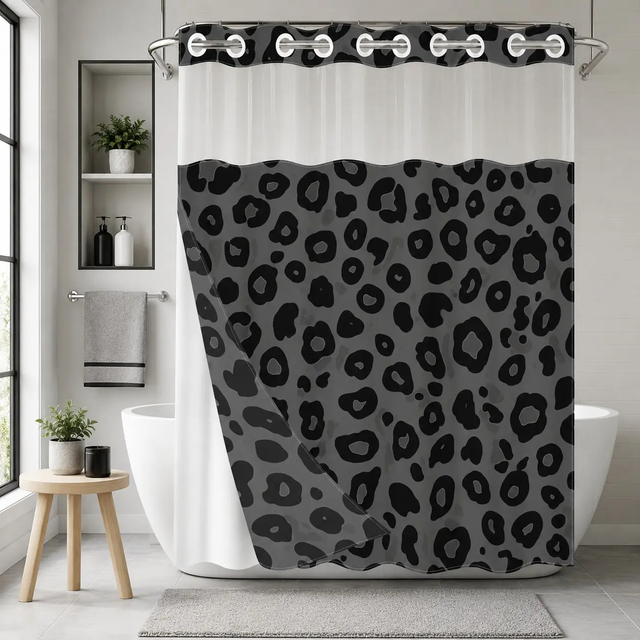 1Pc Hookless Double Layer Shower Curtain, Gray Black Leopard Allover Print, Modern Glam Bathroom Makeover Decor Curtain, Water Repellent Washable Fabric, Removable Snap-in Liner, Top See-Through Window, For Apartment, Hotel, Guest Bath