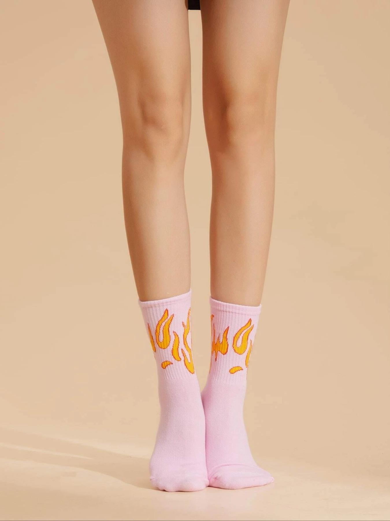 2 Pairs Fire Print Crew Socks, Fashion Casual Comfy Socks for Daily Outdoor Wear, Women's Socks for All Seasons, Socks for Women, Womenswear, Casual Stylish Socks, Soft Comfy Socks, Sock Set