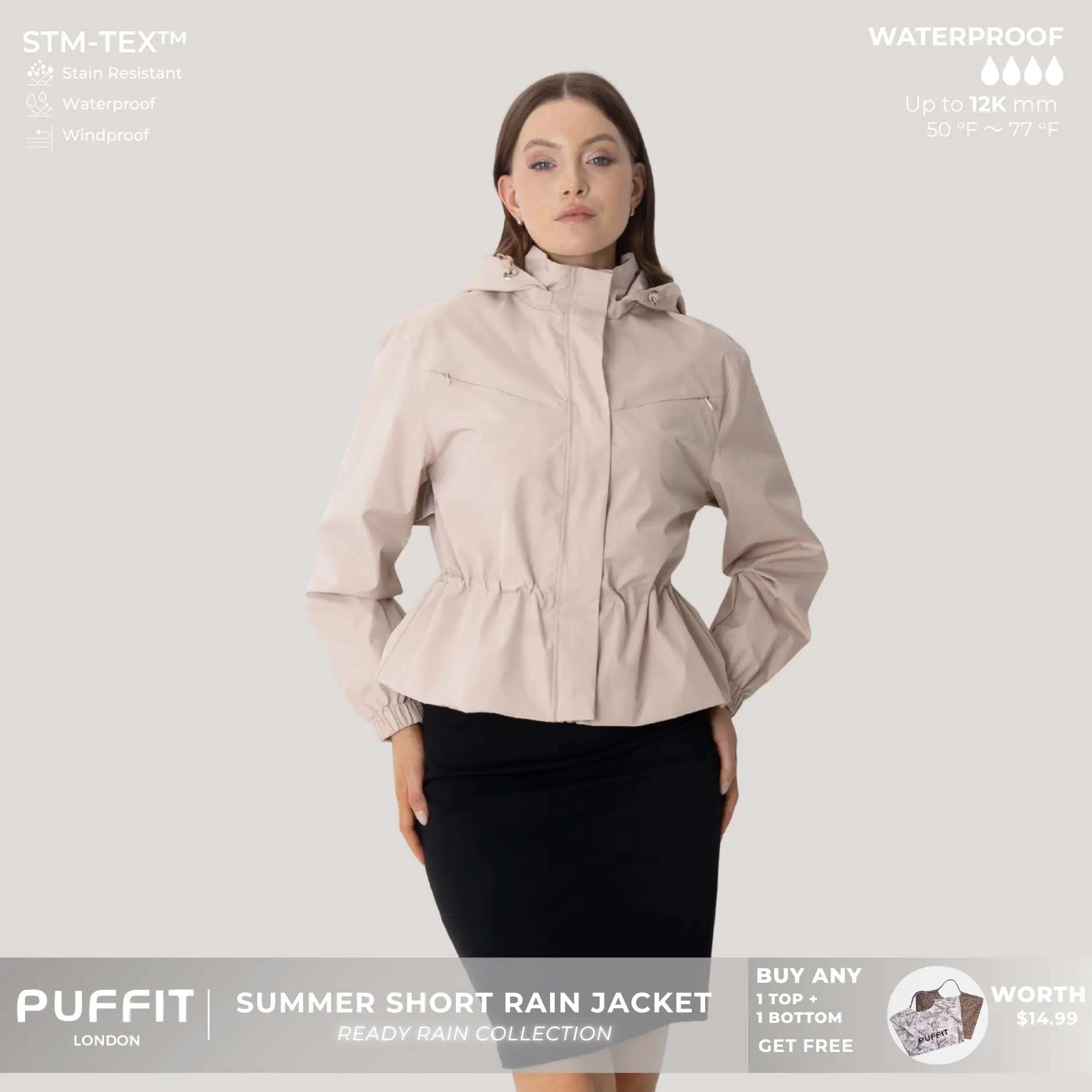 PUFFIT STM-TEX Elevated Short Detachable-hood Rain Jacket With Drawstring Waist,,Breathable Eyelets & Multi-Pocket Design,Waterproof,Stain-Resistant,Windproof,Outerwear,Jacket,Spring,Outdoor,Sport,Dog Walking,Windbreaker,Womenswear