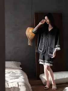 Two-Piece Ice Silk Pajama Set, Lace Trim Turn-Down Collar, Short Sleeve Shorts, Large Pockets, Cool Fabric, Wrinkle-Free, Casual Home Wear