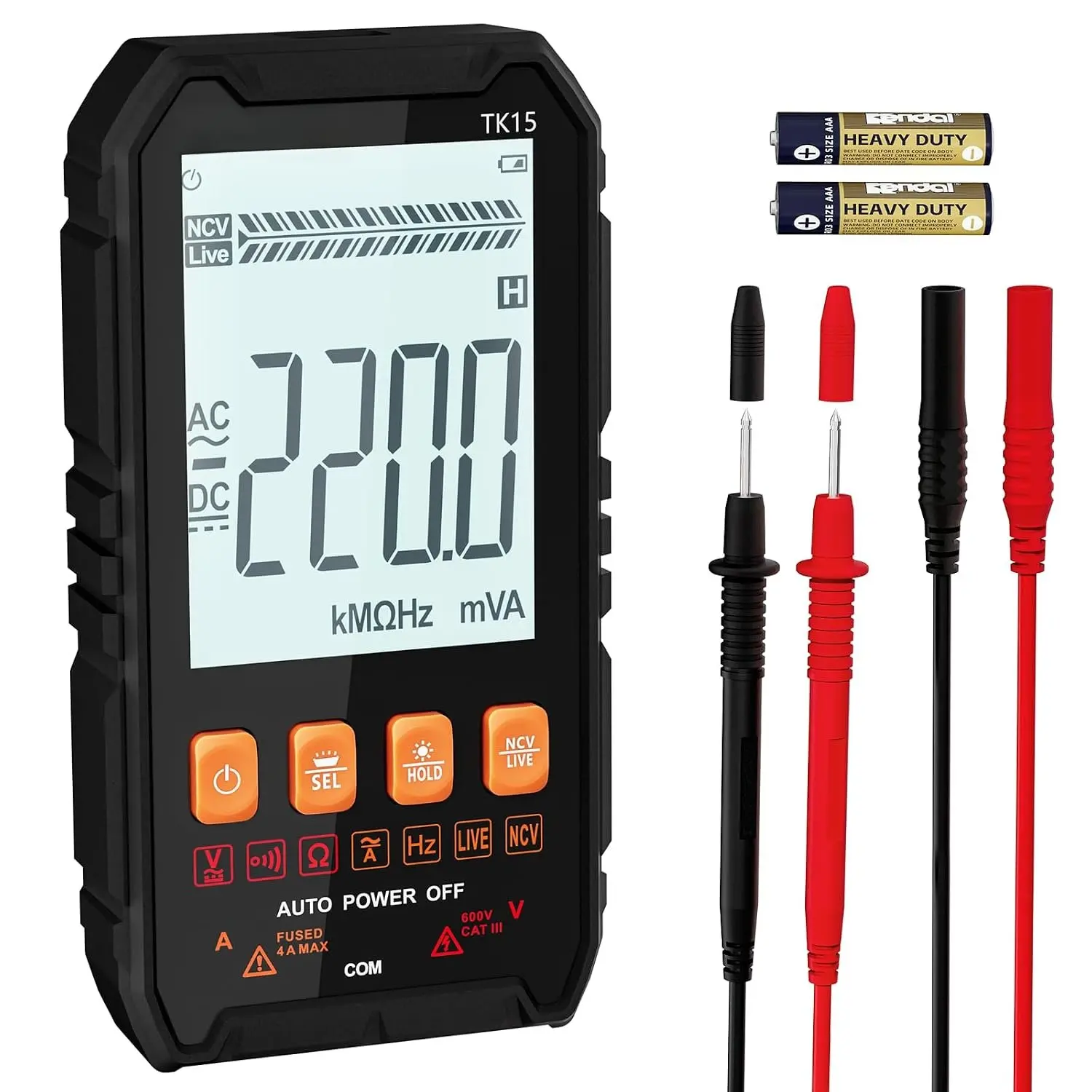 Digital Multimeter, Auto-Ranging Multimeter with  ,  Current, Resistance, Capacitance, Frequency, Diode, Continuity and NCV Detection, with Data Hold, Backlight & Flashlight Design