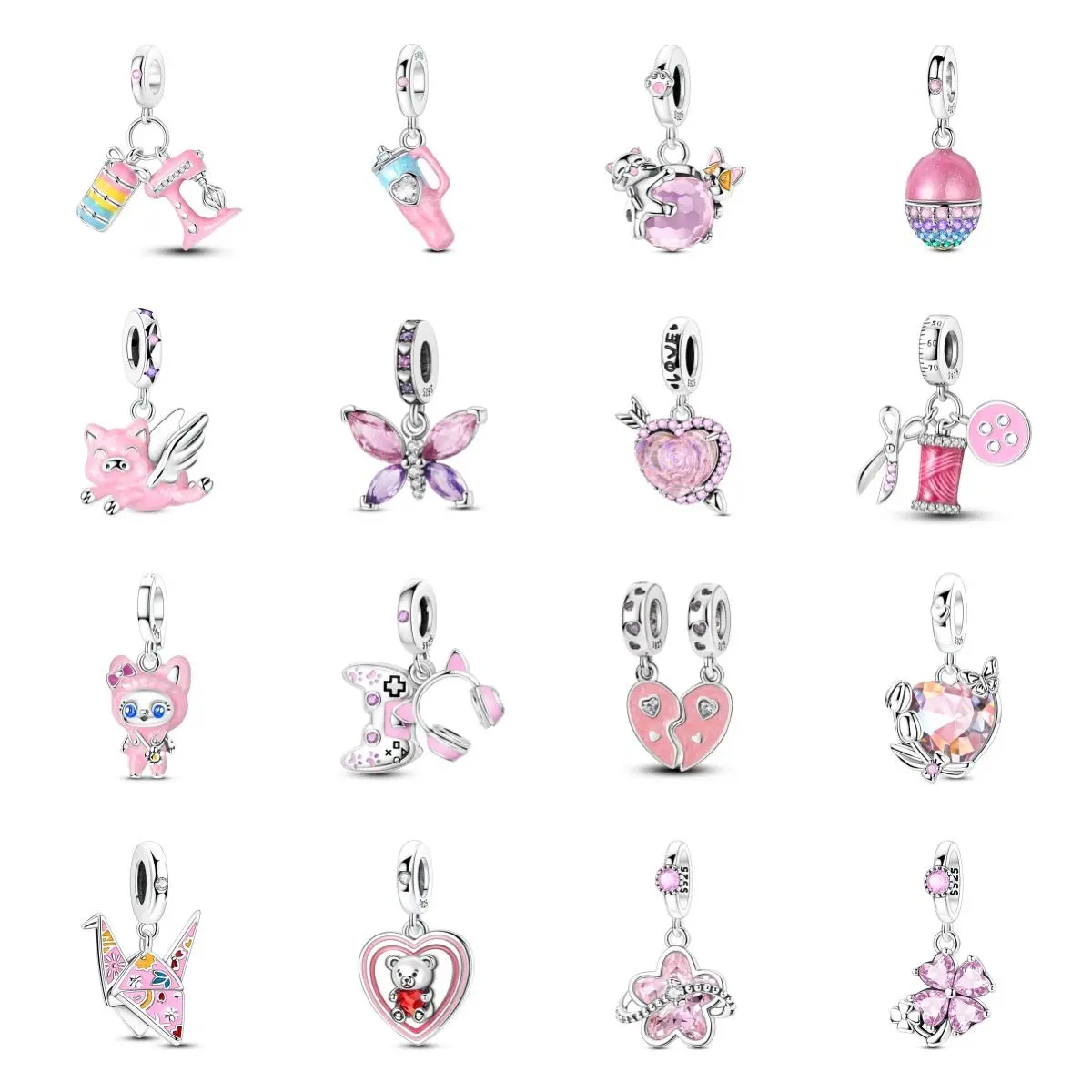 MULA S925 Silver Pink Charm Set, Enamel CZ Sparkling Beads Compatible with Pandora, Hypoallergenic Lifestyle Jewelry, Adorable Gift for Girls and Ladies