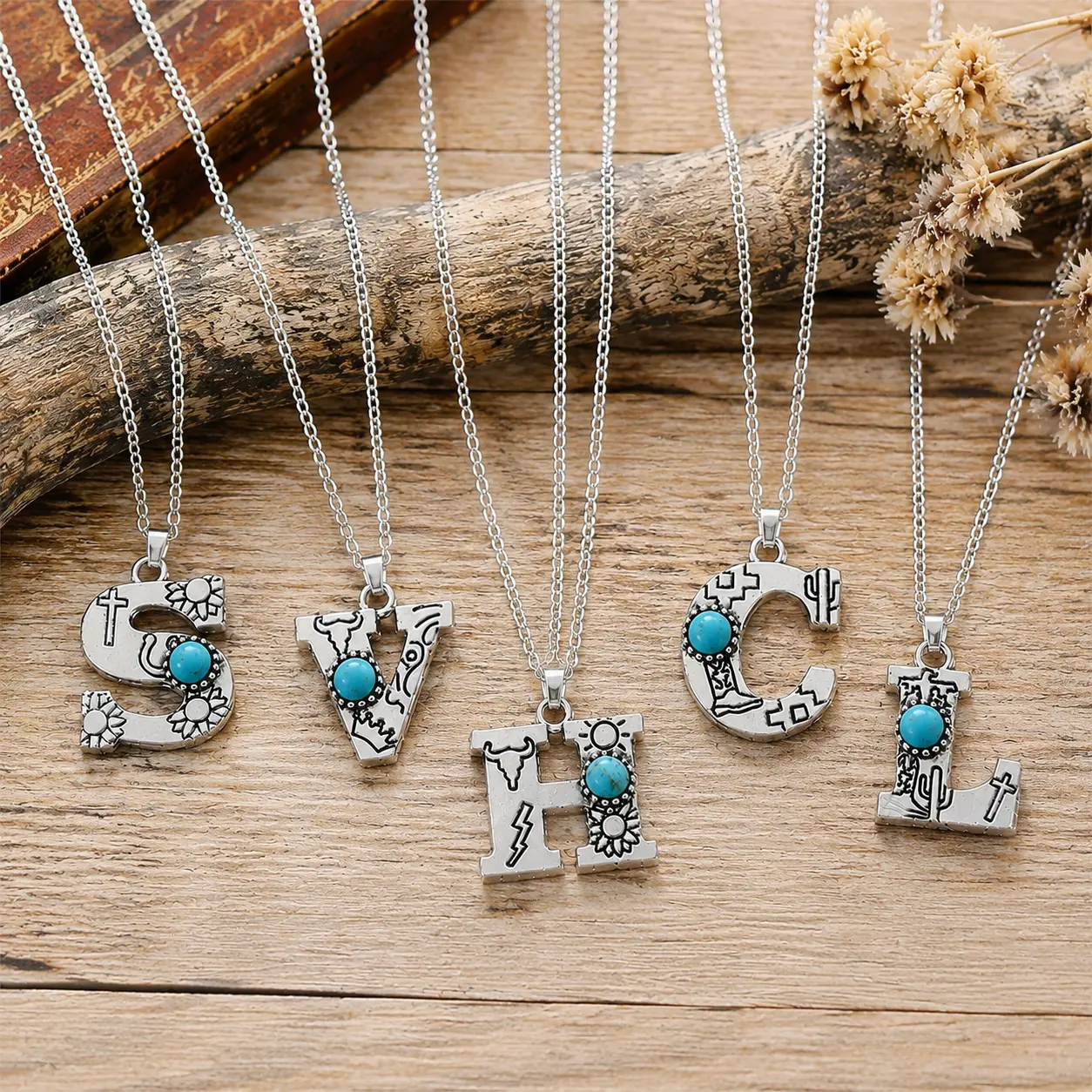 Western Turquoise Necklace with A-Z Personalized Barbed Wire Initial Pendant, Long Layered Chain for Women, Cowgirl Jewelry, Initial Necklaces, A-Z Personalized Initial