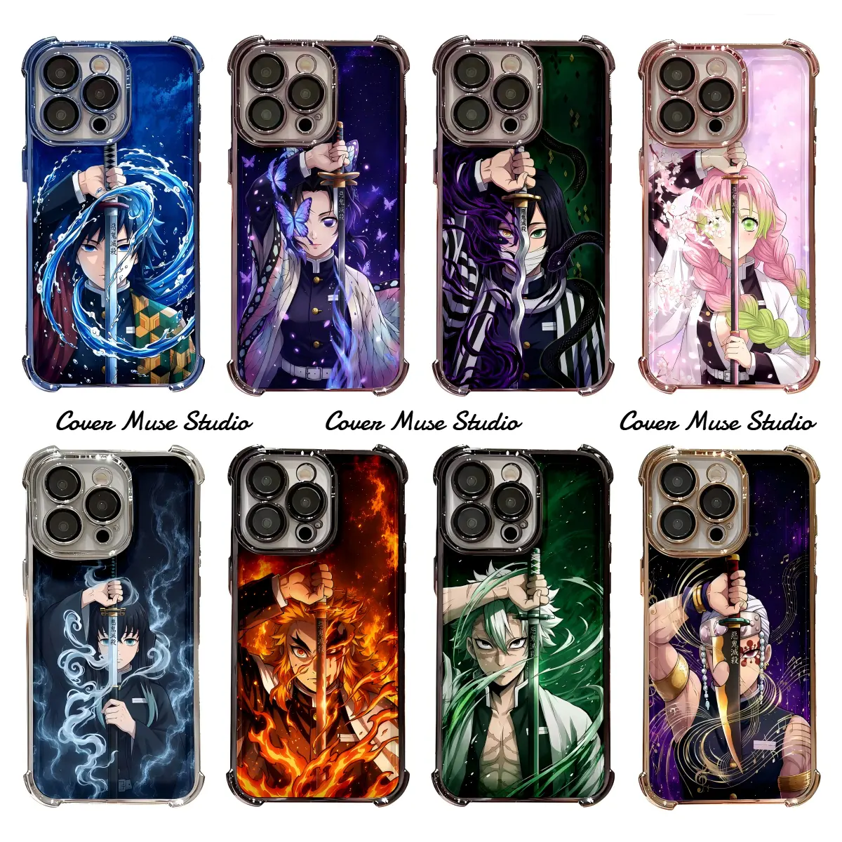 Demon Slayer Hashira Pillars Wave Starry Anime Smartphone Case for iPhone 17,16,15,14,13,12,11 Pro Max - Shockproof 4-Corner Airbag, Electroplated, Handheld Crossbody Compatible (Giyu Shinobu Rengoku Mitsuri), Protection
