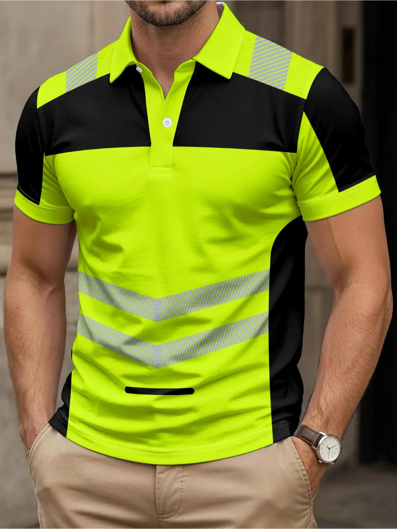 Men's short-sleeved casual green label polo shirt top; lightweight and breathable fabric suitable for daily wear, machine washable, featuring eye-catching print design and durable material