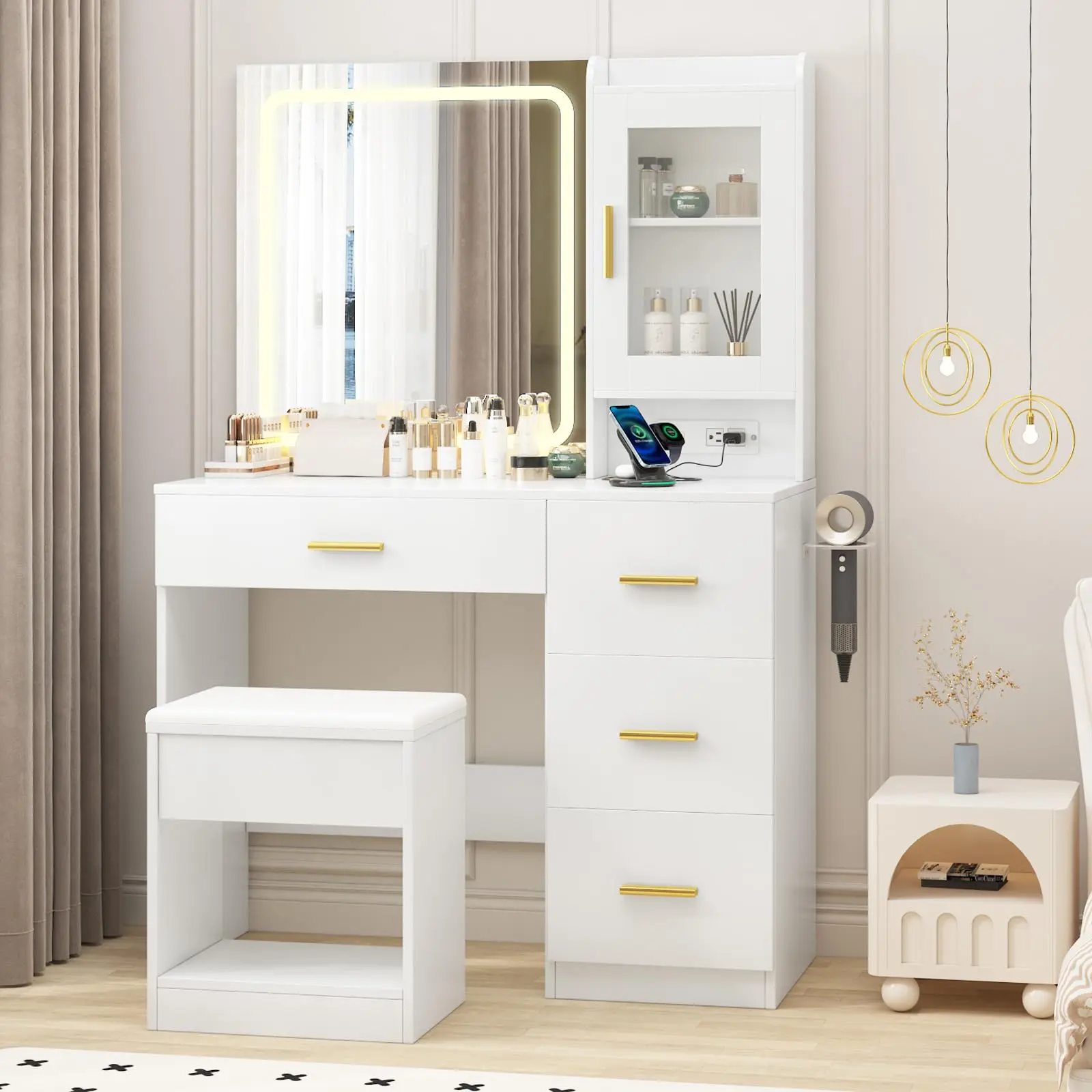 TikTok Made Me Buy It Modern Black Vanity Desk with Mirror and LED Lights, Dressing Table with Built in Power Outlet Charging Station 4 Drawers Hair Dryer Holder, Aesthetic Bedroom Furniture