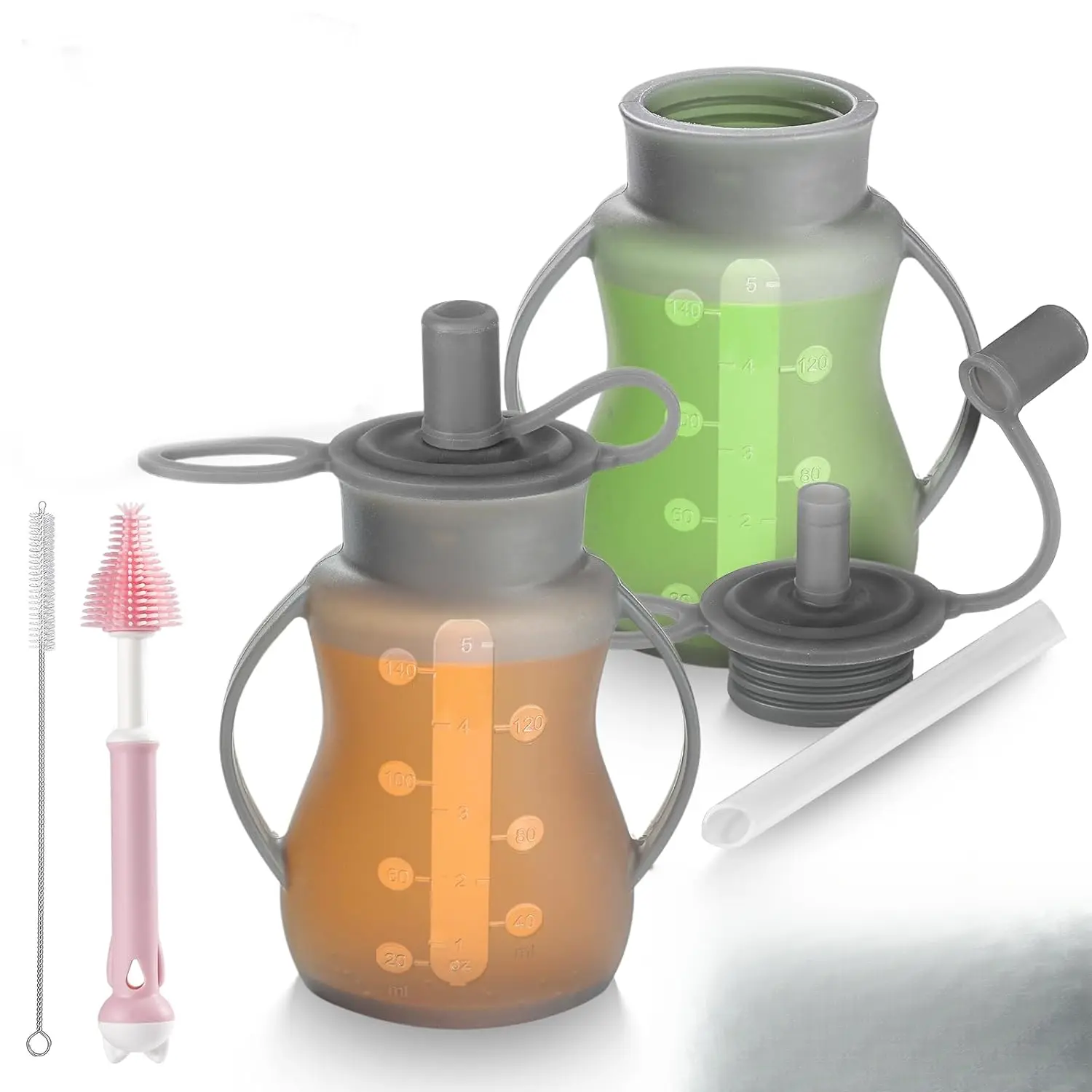 2-Pack Reusable Silicone Baby Food Pouch Set with Straws, Leakproof Refillable Pouches for Toddlers, Dishwasher & Freezer Safe for Homemade Puree (Grey), Unisex