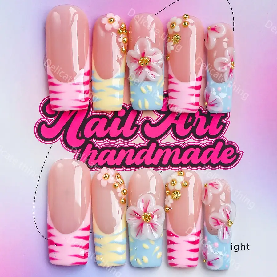 3.0 Length Coffin Nails, 10pcs Y2K Style Press-On Nails, Handmade, XS-S-M-L Sizes, Perfect for Parties, Includes Jelly Glue, Crystal Stick, File