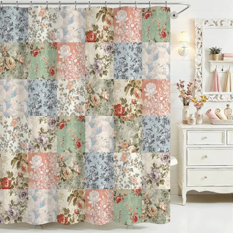 Boho Floral Bohemian Shower Curtain for Bathroom, Vintage Pink Floral Patchwork Waterproof Farmhouse Bath Curtain, 72 X 72 Inches