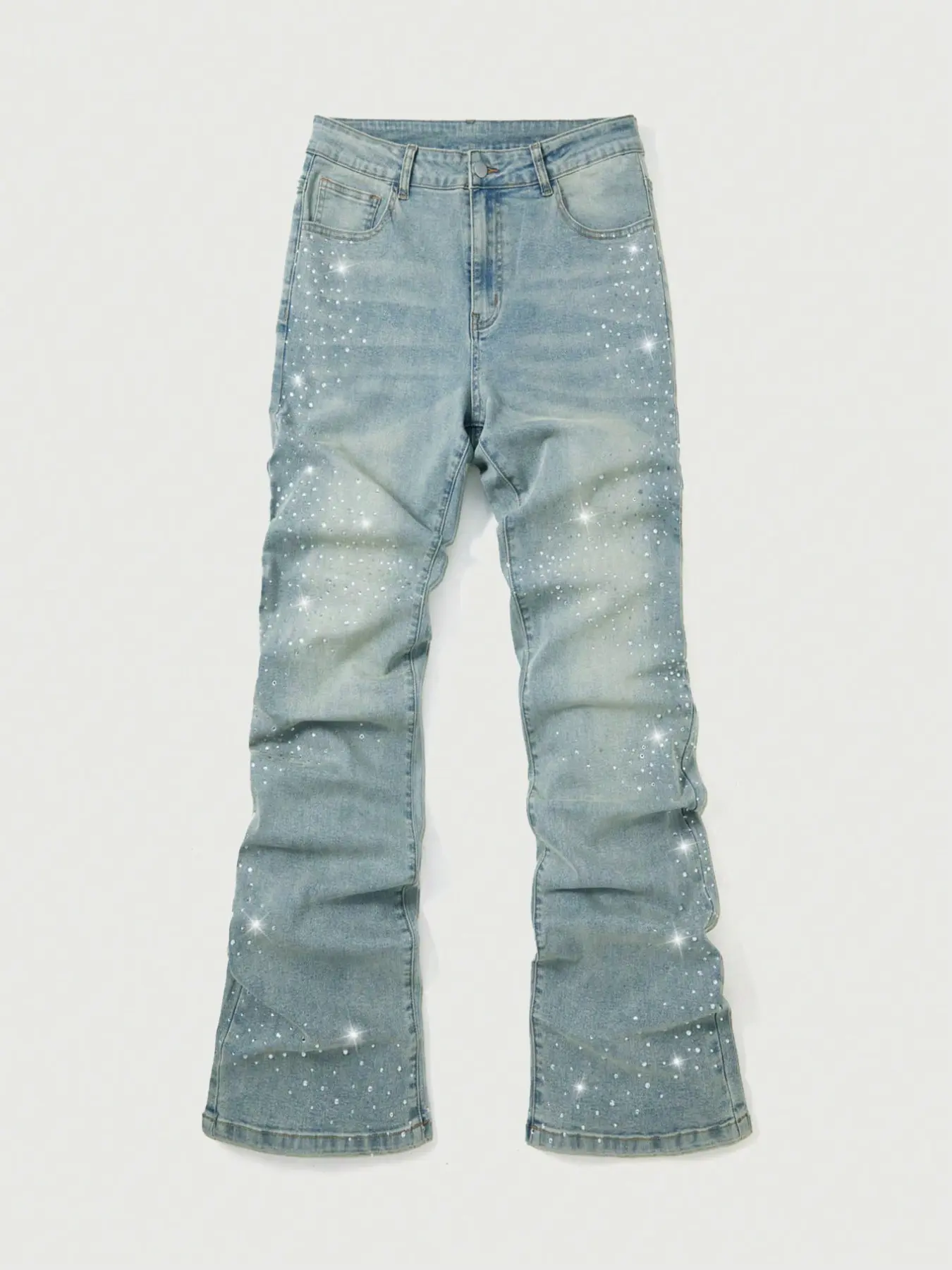 Men's Blue Microflare Jeans, Vintage Rhinestone Print, All-Season Stretch Casual Long Pants, Fashion Loose-Fit Denim, Vintage Washed Flare