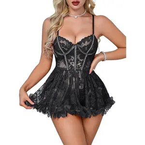 Girl's wardrobe CRIPOM Sexy Floral Lingerie Babydoll Push Up See Through Underwire Chemise with Open Back Lingerie Sets for Women XS-3XL