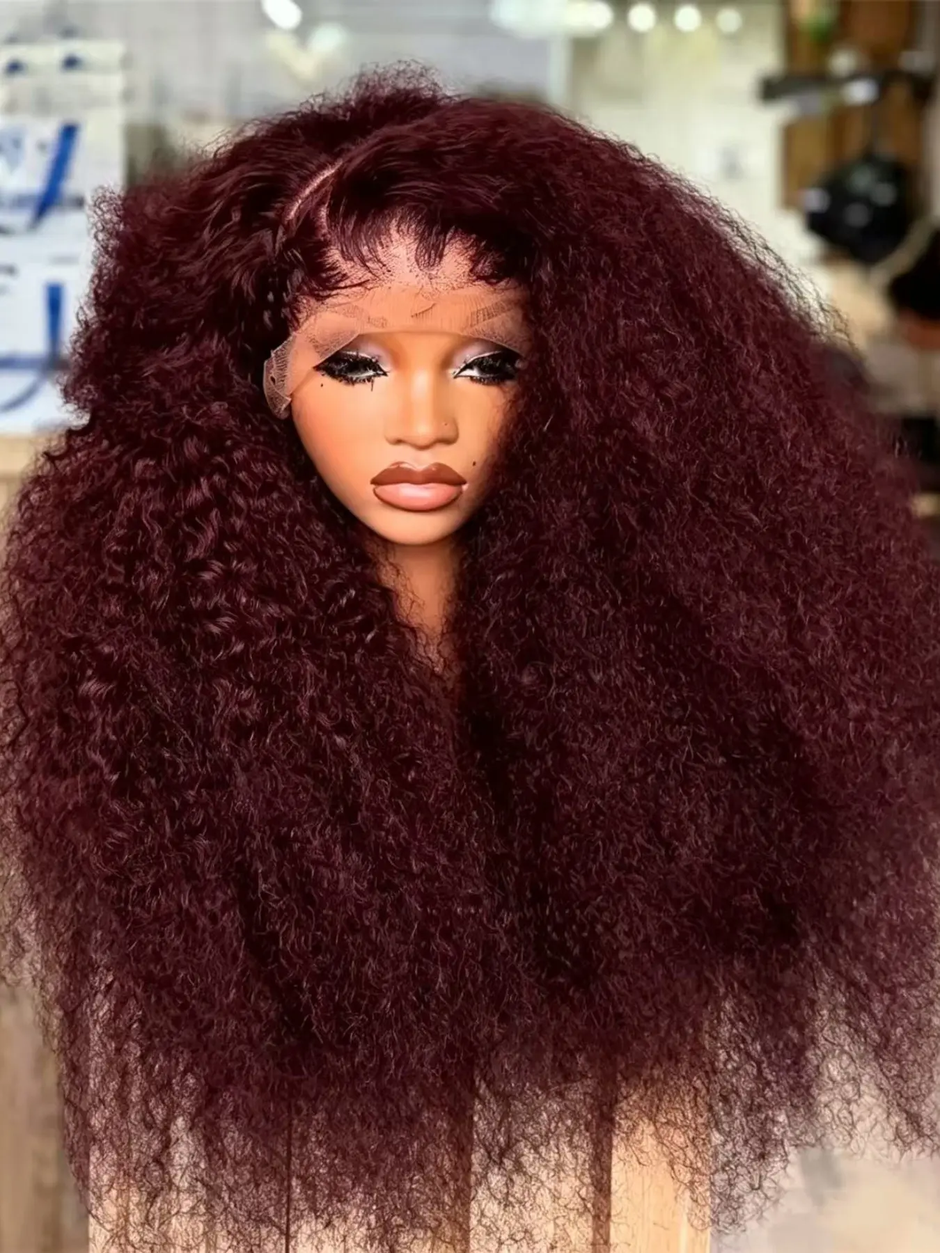 180 Density 26Inch Soft Wine Red Color Kinky Curly Wigs Lace Front Wigs With Baby Hair Comfortable Heat Resistant Glueless Daily Wigs Black Women wigs Burgundy