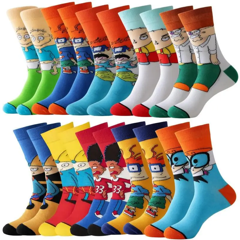 Men's 10-Pair Crew Sock Set, Cute Playful Cartoon Character Print, Breathable Soft Polyester-Spandex Knit, All-Season Everyday Style, 35cm/13.78in Calf-High Casual Socks for Teens