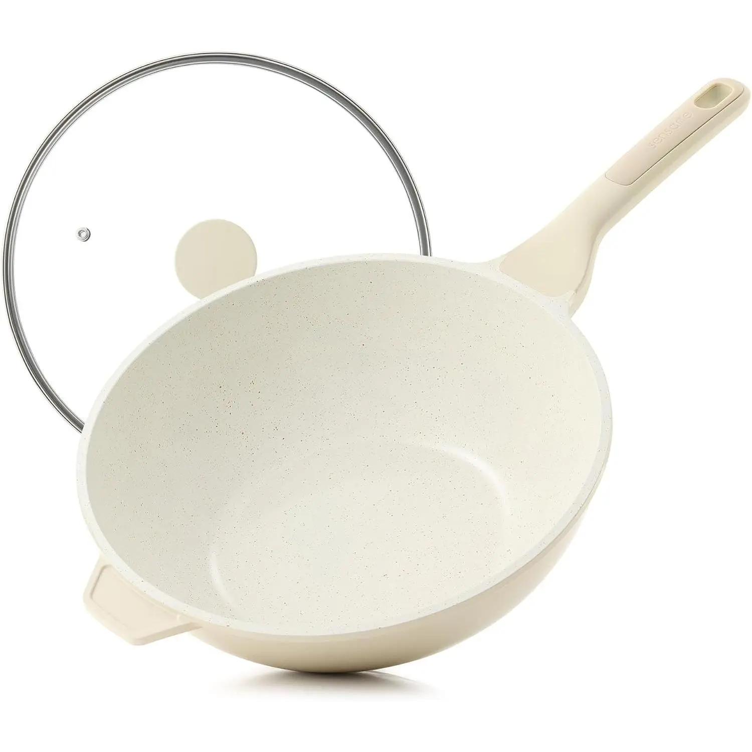 11-Inch Stainless Ceramic Nonstick Wok with Glass Lid, Stove-Induction Safe Oil-Safe Non-Toxic Cookware, Deep Frying Skillet with Curved Wood Grain Stay-Cool Handles, PFAS/PTFE/PFOA-Free Steel-Aluminium Core for Meat Prep