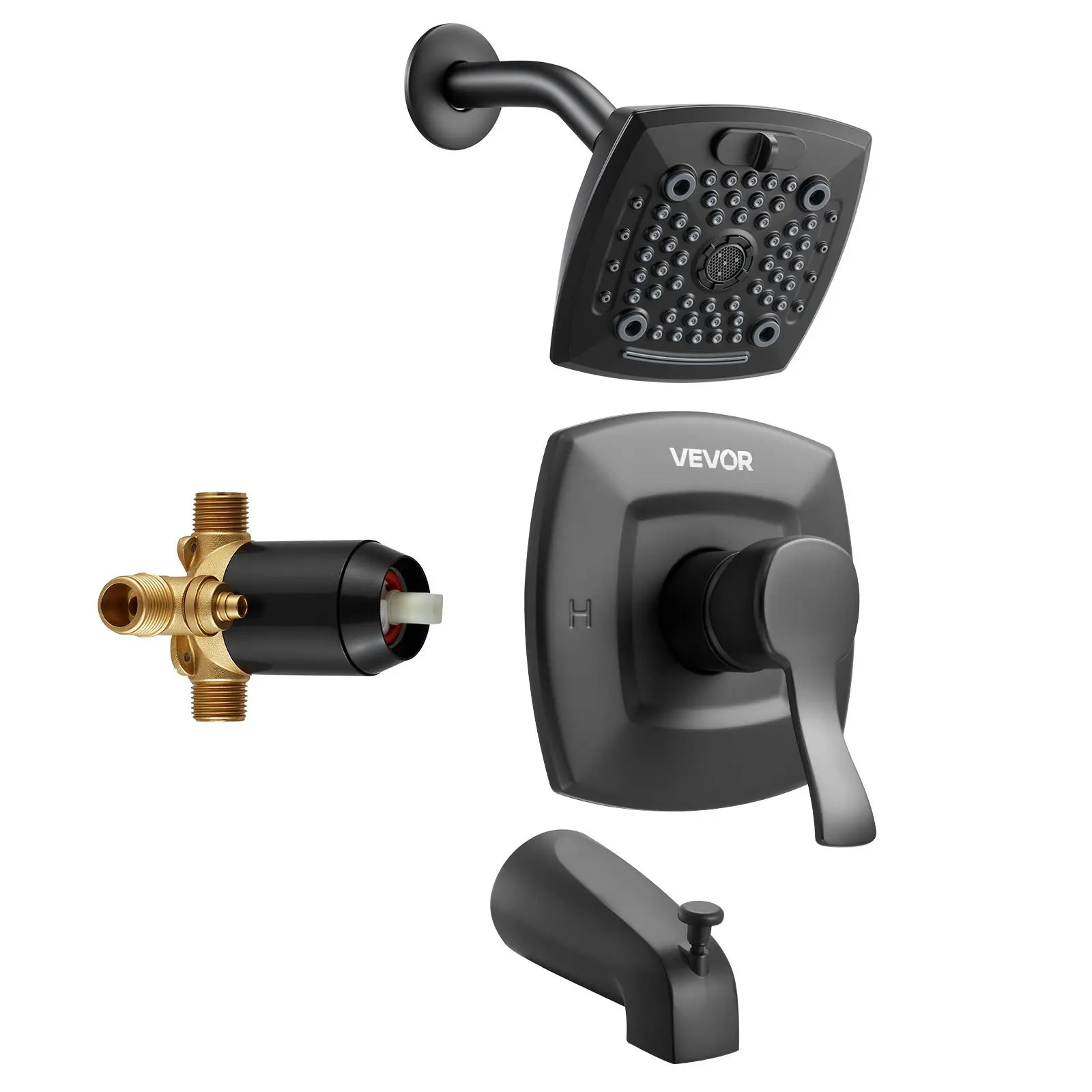 VEVOR Single-Handle Tub and Shower Faucet Kit, 5.1 in Rainfall Shower Head, Bathtub Spout, 5-Setting Adjustable Spray, Tub Trim Kit with Brass Pressure Balance Valve, Matte Black, Brass Valve