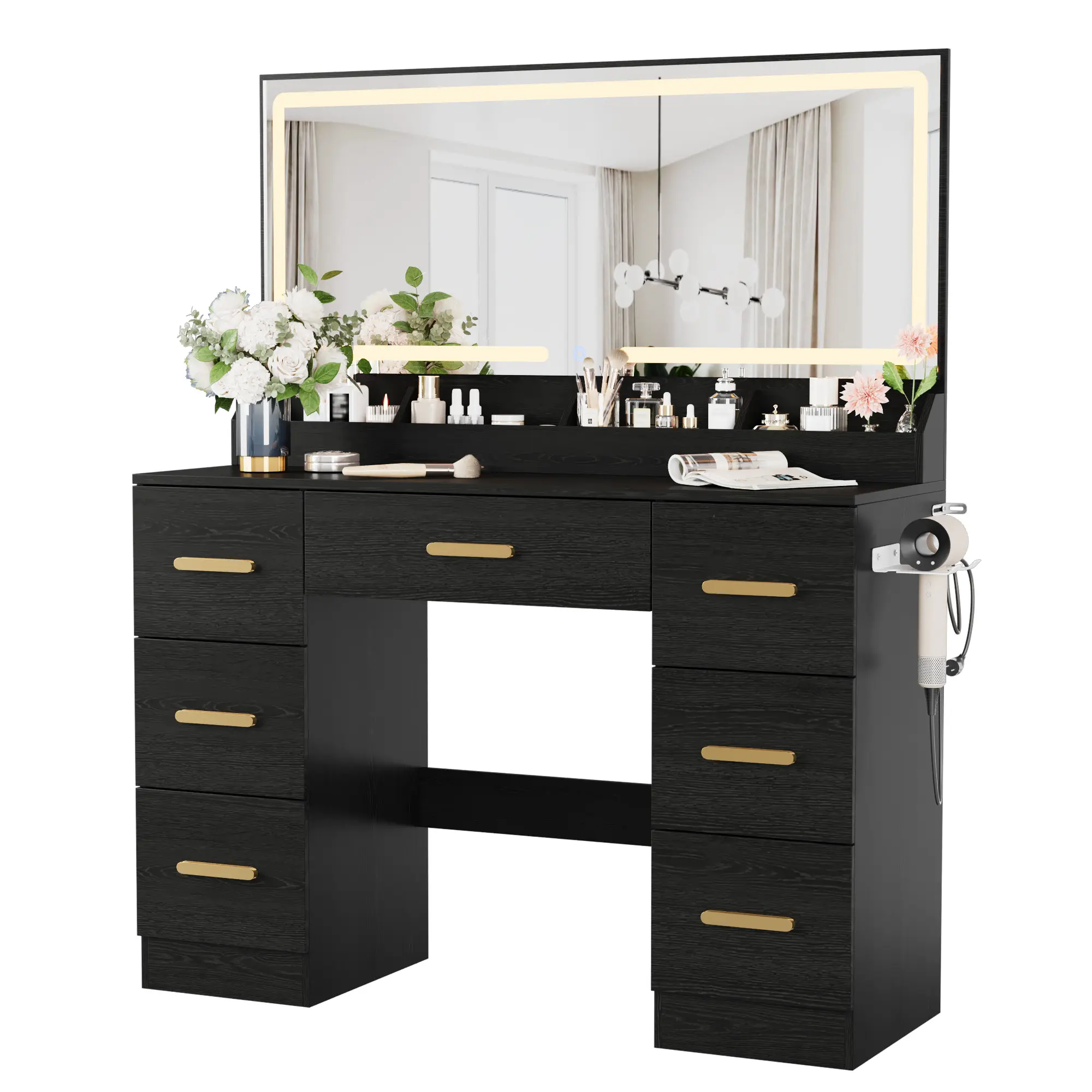 45.9" Makeup Vanity Desk, Vanity Desk with Large Mirror, 3 Lighting Modes Adjustable Brightness, 8 Drawers, for Powder Room and Bedroom