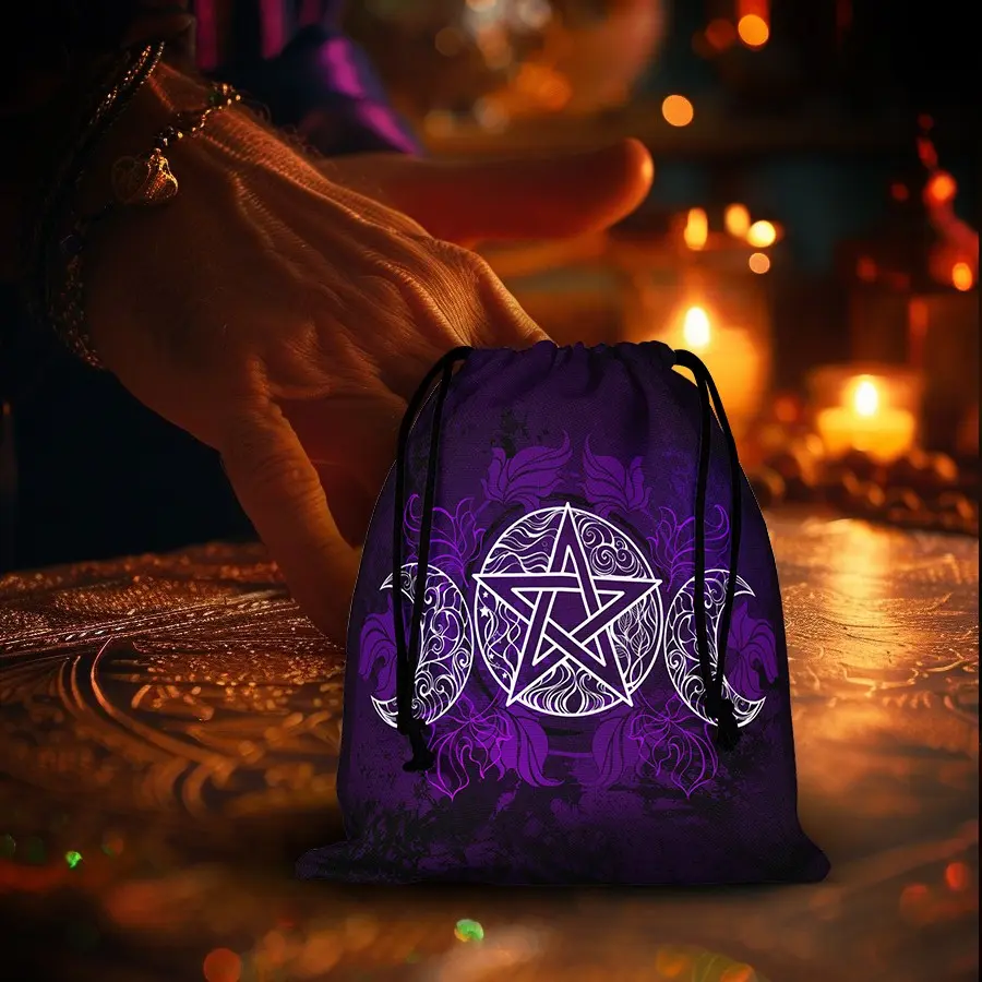 1PC Purple Triple Moon Pentacle Tarot Card Drawstring Bag, Gothic Wiccan Tarot Deck Storage Pouch, Portable Oracle Card Crystal Jewelry Sack, Witch Divination Altar Supplies