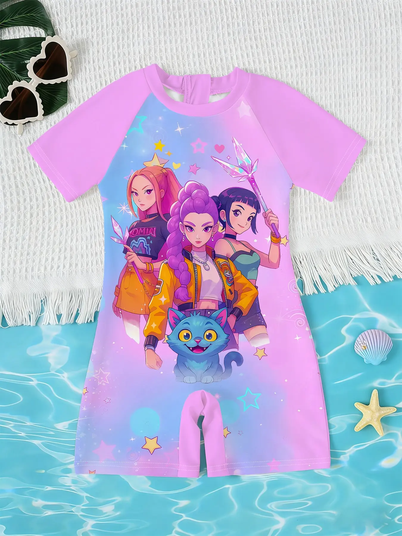 Girls' One-Piece Swimsuit, Maroon Nebula Starlight Summer Short Sleeve Quick-Dry Sunscreen Romper, Cute Blue Cat Print Beachwear