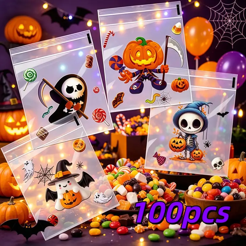 100pcs Cute Halloween Self-Seal Bags, Moisture-Proof Dust-Resistant, Ideal for Candy, Small Gifts, DIY Snacks, Party Favor Bags, Gift Wrap Bags, Goodie Bags, Festive Packaging
