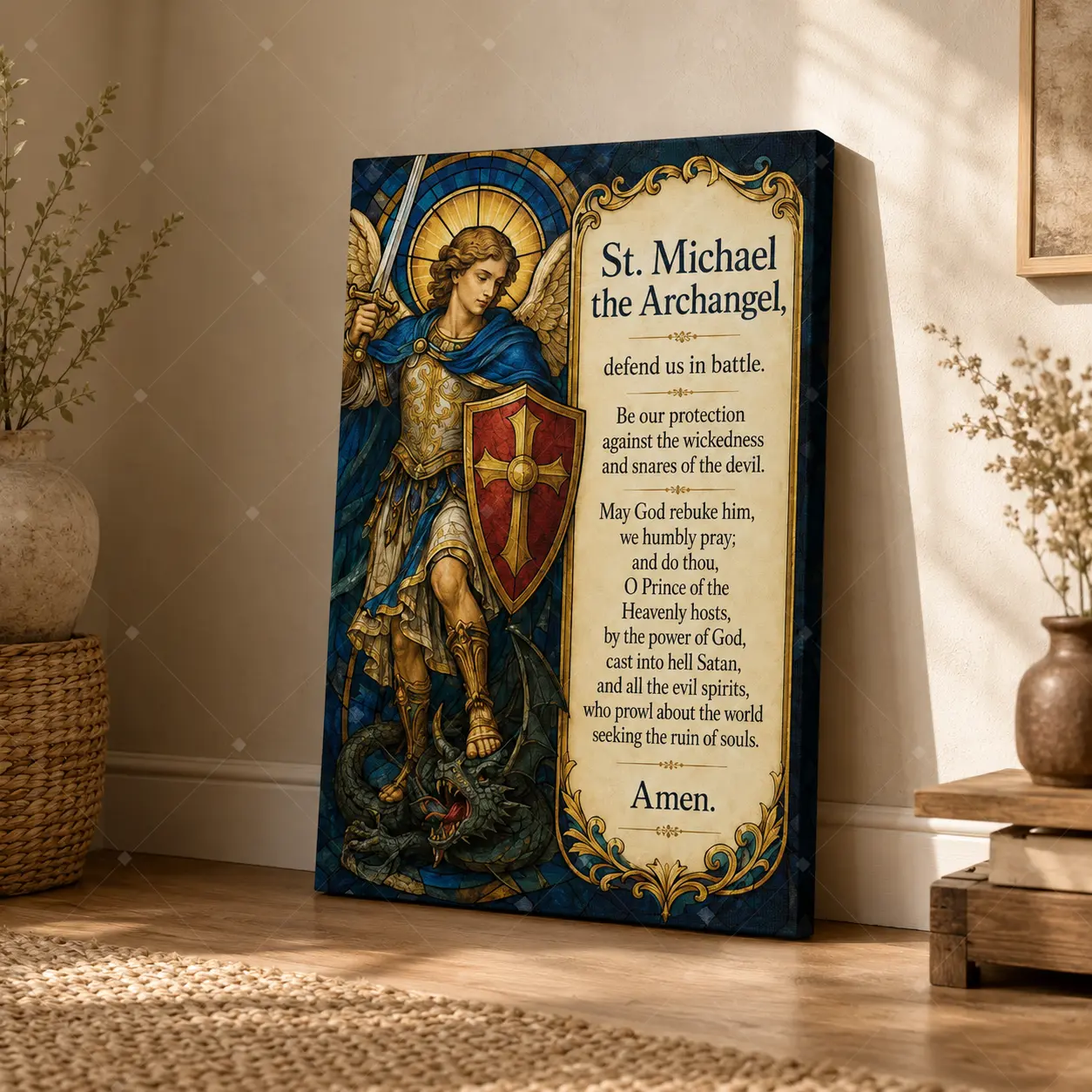 St. Michael the Archangel Prayer Vertical Canvas Wall Art, Religious Stained-Glass Style Poster, Home Decor for Living Room Bedroom Chapel, Available as Unframed Canvas Poster or Framed Canvas Wrap