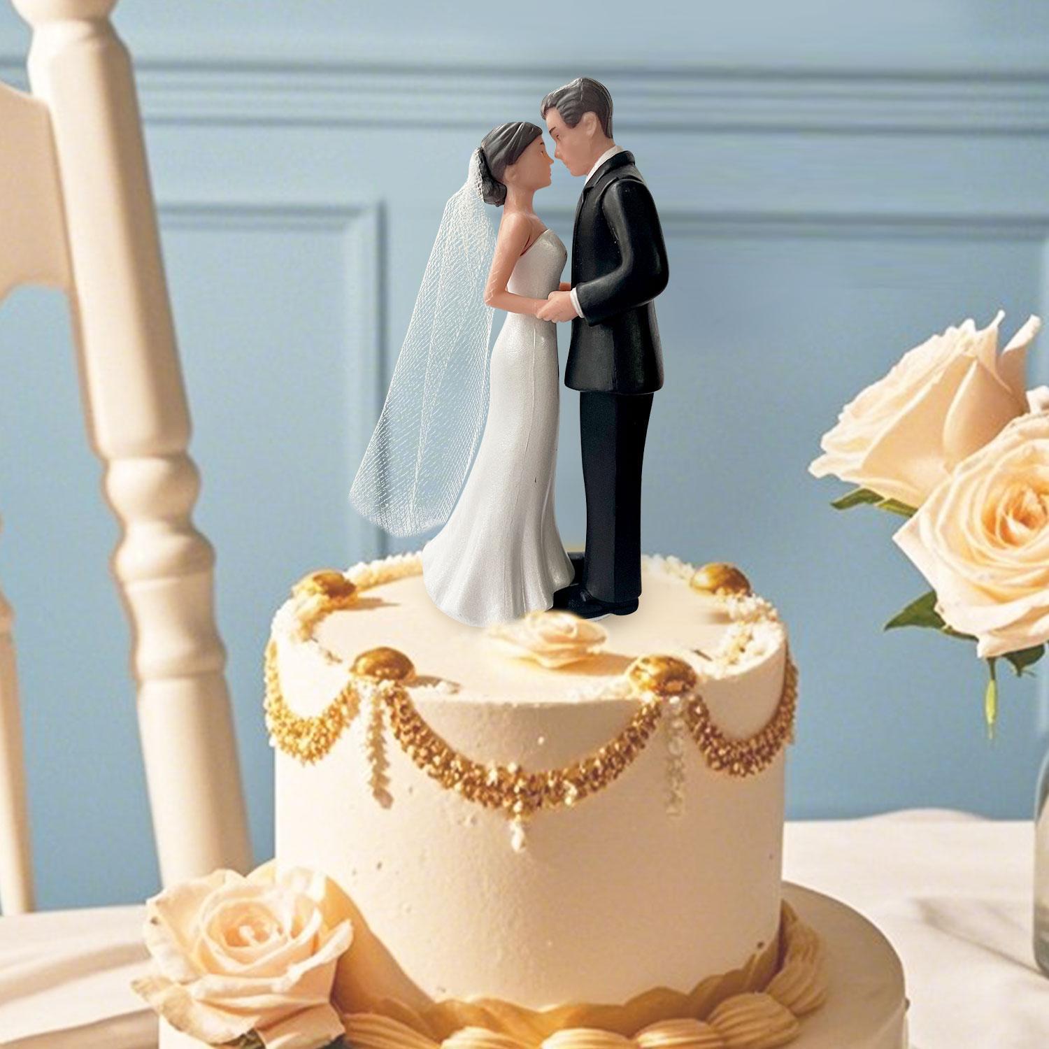Elegant Bride & Groom Wedding Cake Topper with Veil 4.3" - Anniversary, Bridal Shower, Engagement Party Decoration