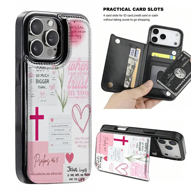 Pink cross Bible pattern wallet-style card holder phone case, this practical product features a card slot function for storing bank cards, bus cards, and other cards.Suitable for iPhone 17 Pro Max, 16, 15, 14, 13, 12 Pro Max, 17air and Samsung S26 series