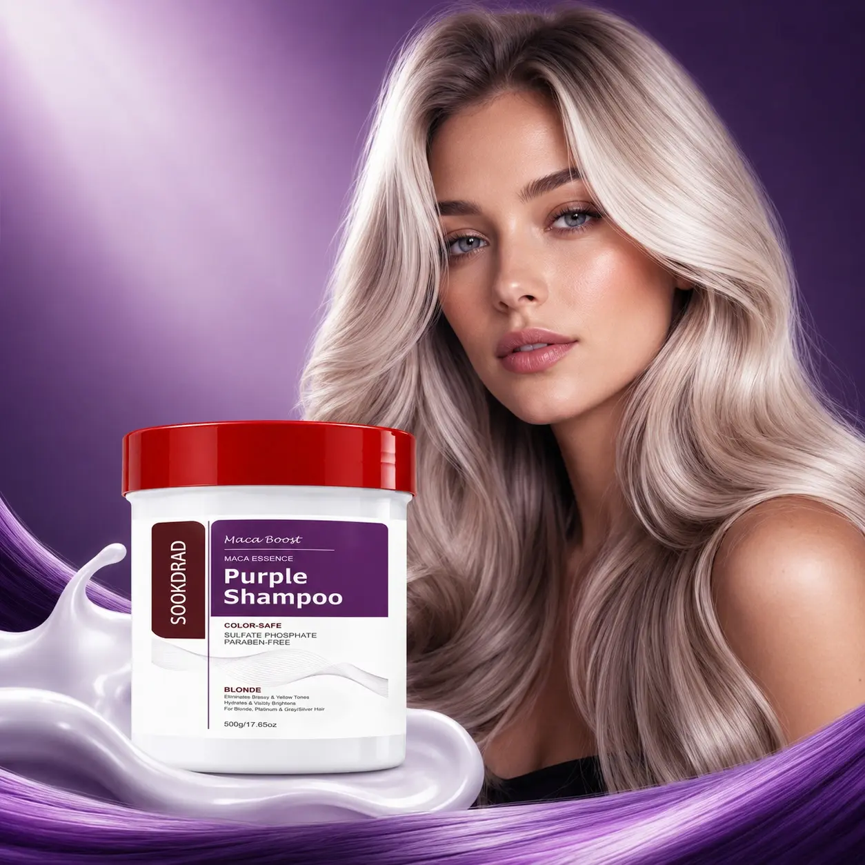 Purple Shampoo, Maca Boost, Maca Essence, Eliminates Brassy Yellow Tones, Hydrates, Visibly Brightens, Color-Safe, Sulfate Phosphate Paraben-Free, For Blonde Platinum Gray Silver Hair, 500g/17.65oz