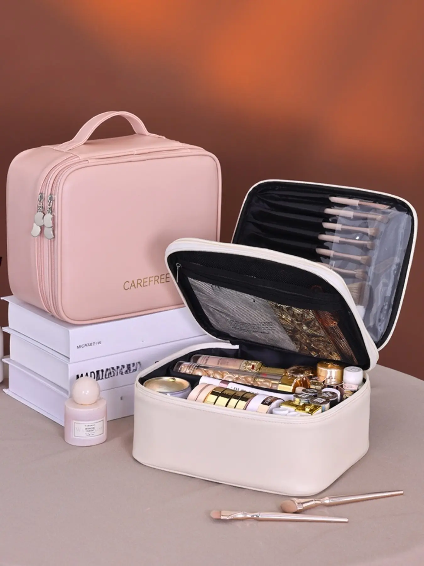 Large Capacity Dual Layer Makeup Bag with Brush Slot, Portable PU Leather Travel Beauty Organizer, Waterproof Multi-Compartment Washbag for Women, Cosmetic Travel Bag