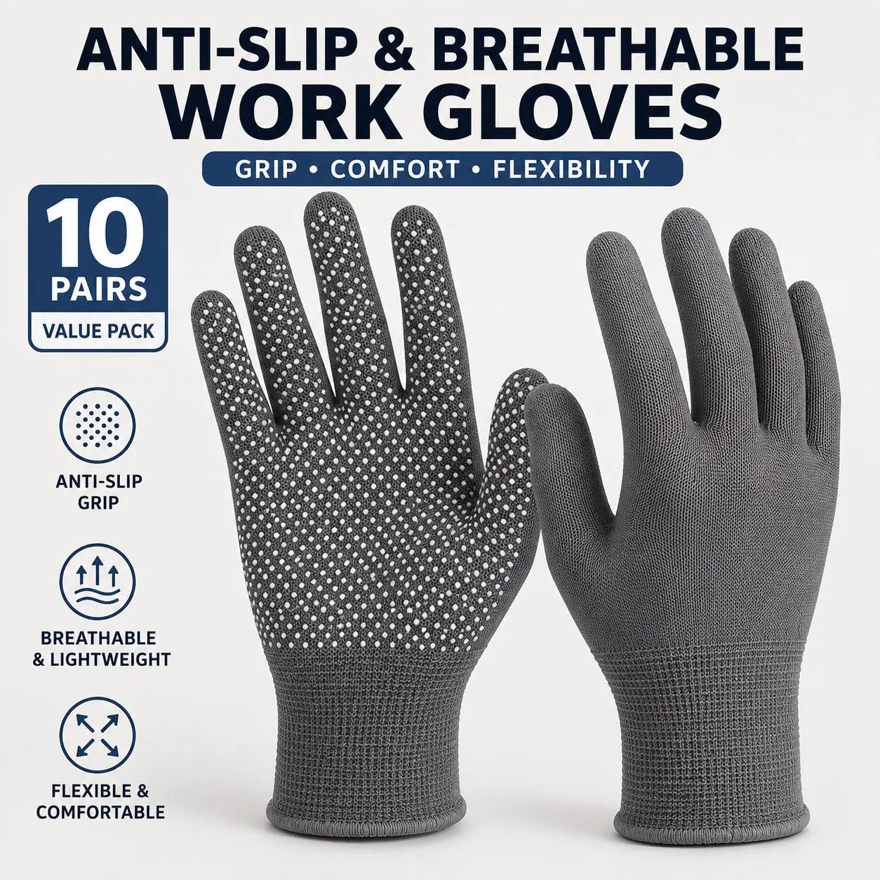 10 Pairs Lightweight Work Gloves with PVC Grip Dots, Breathable Stretch Knit Safety Gloves for Men & Women, Reusable Non-Slip Gloves for Warehouse, Moving, Packing, Gardening & DIY