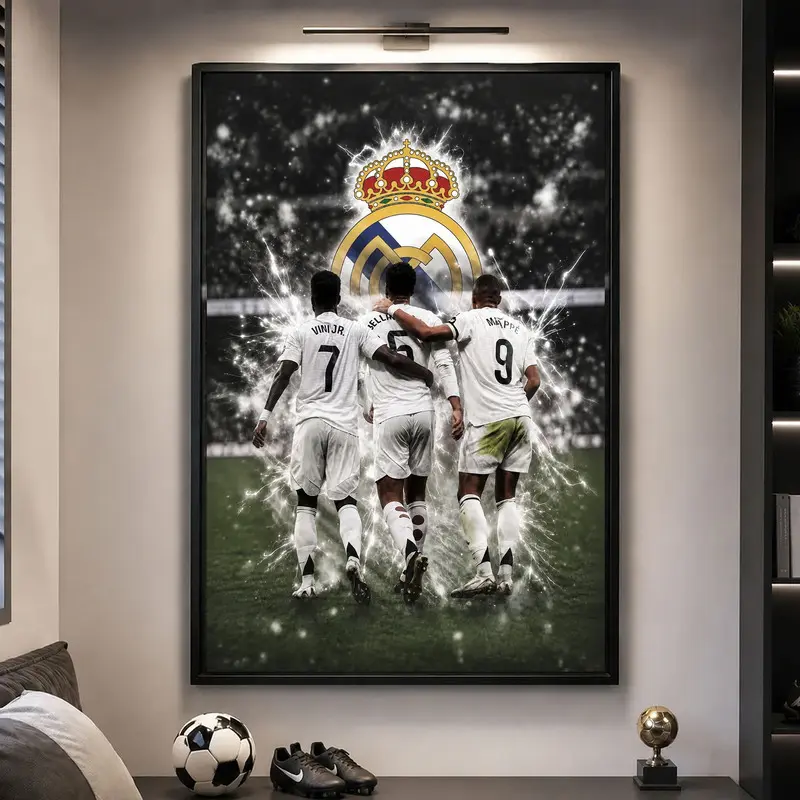 Mbappe, Vini Jr., Bellingham Real Madrid Football Poster, Legendary Soccer Player Wall Art, Football Match Print, Sports Fan Decor, Man Cave Wall Art, Collector Football Artwork, Soccer Fan Gift, Stadium Wall Decor