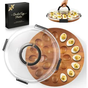 Deviled Egg Containers with Lid (24 Eggs), 2026 Upgraded Acacia Wooden Deviled Egg Tray Platter for Party and Home Kitchen, The Lid is Dishwasher Safe (Black)