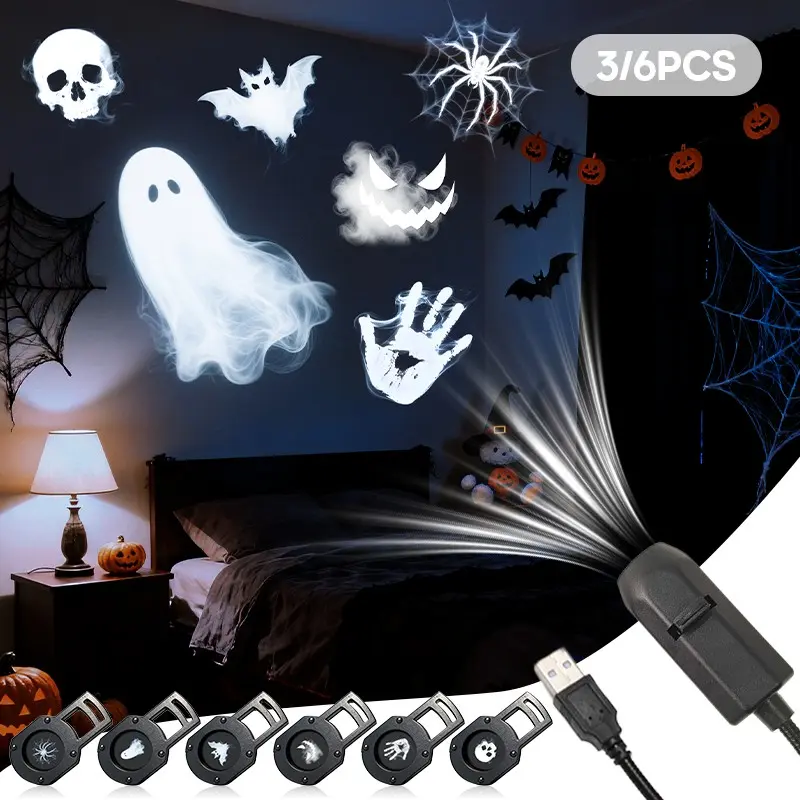 USB Mini Halloween Projector Light, 3/6 Replaceable Patterns, Holiday Decor Bedroom Atmosphere, Designed for Halloween, Festival Decoration