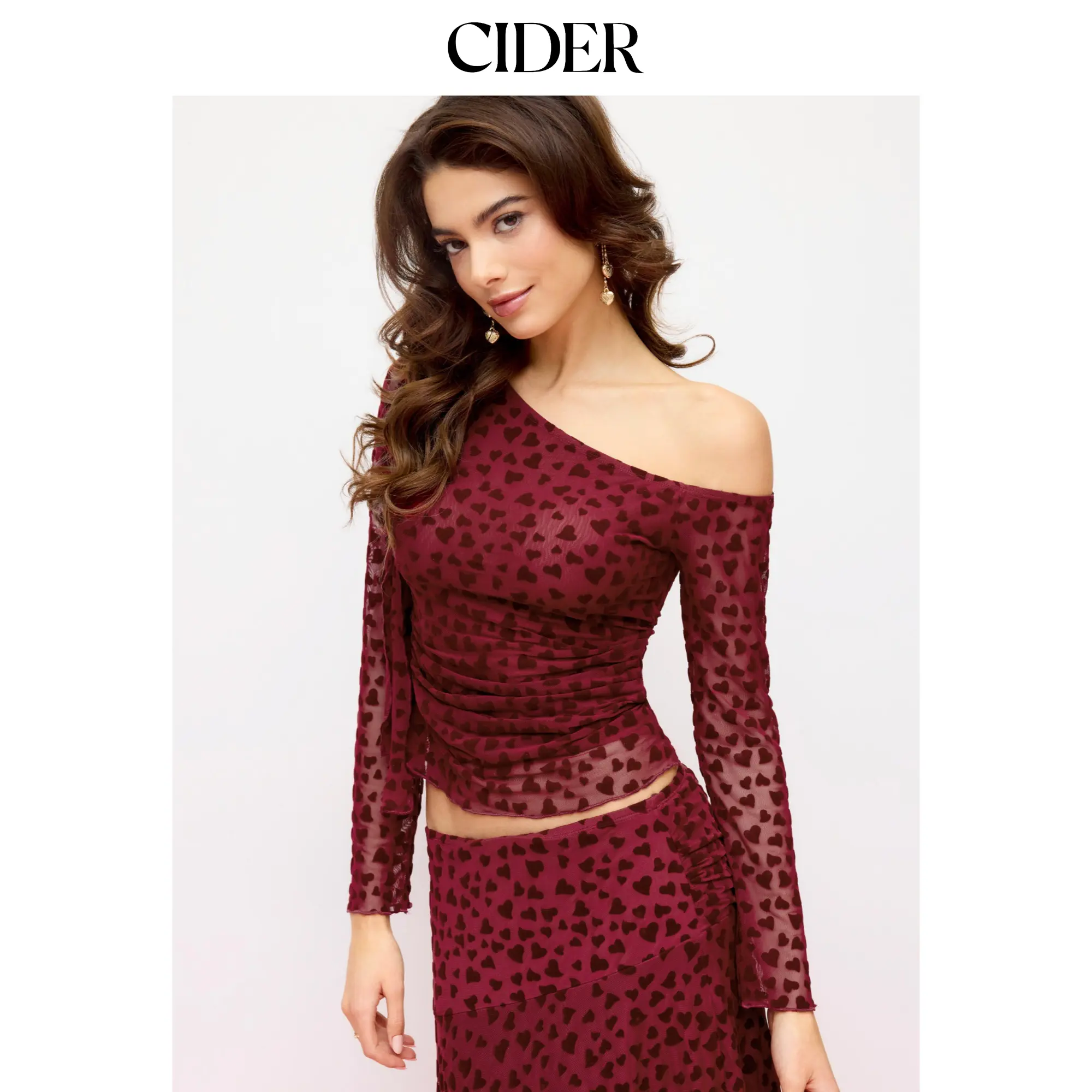 Cider Mesh Flocking Heart Asymmetrical Neck Long Sleeve Top SummerFinds