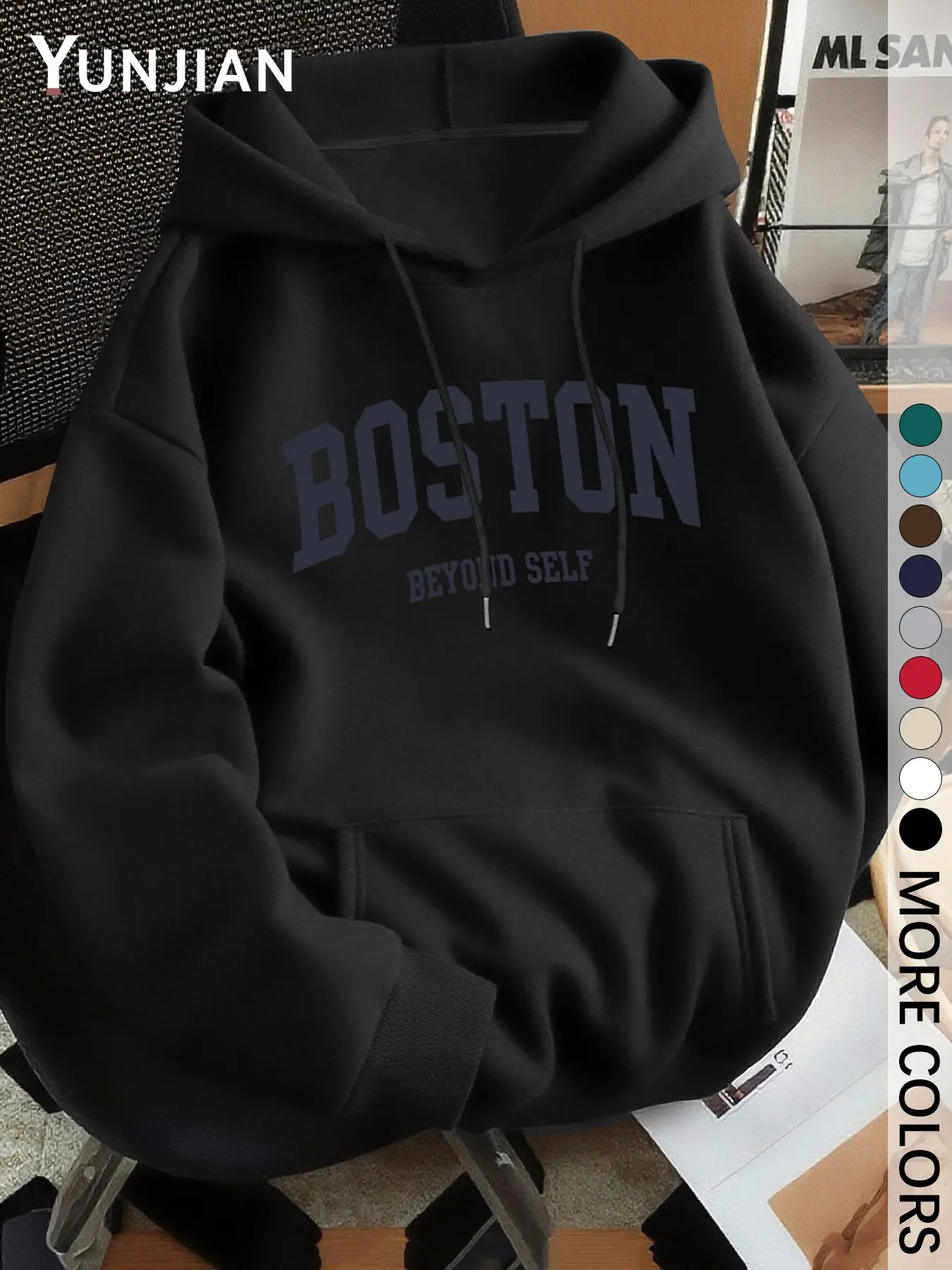 Men's Loose Boston Print Fleece Hoodie, Casual Letter Print Pullover, Soft Thick Hooded Sweatshirt with Pocket, Fall & Winter Wear