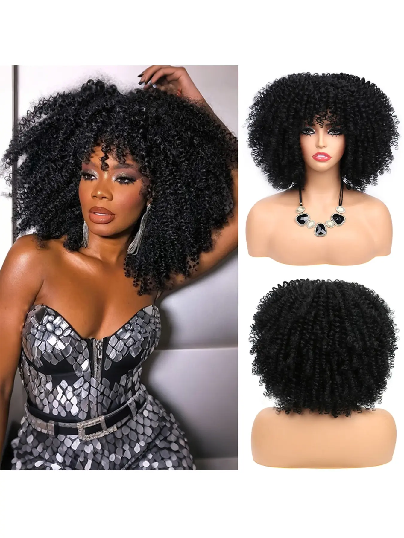 Short Curly Wig With Bangs Bob Afro Curly Wigs For Women 16 Inch  Bangs Synthetic Short Curly Wigs No Glue Full And Fluffy Like A Bomb For Daily And Work  Party Halloween Costume Events Wear