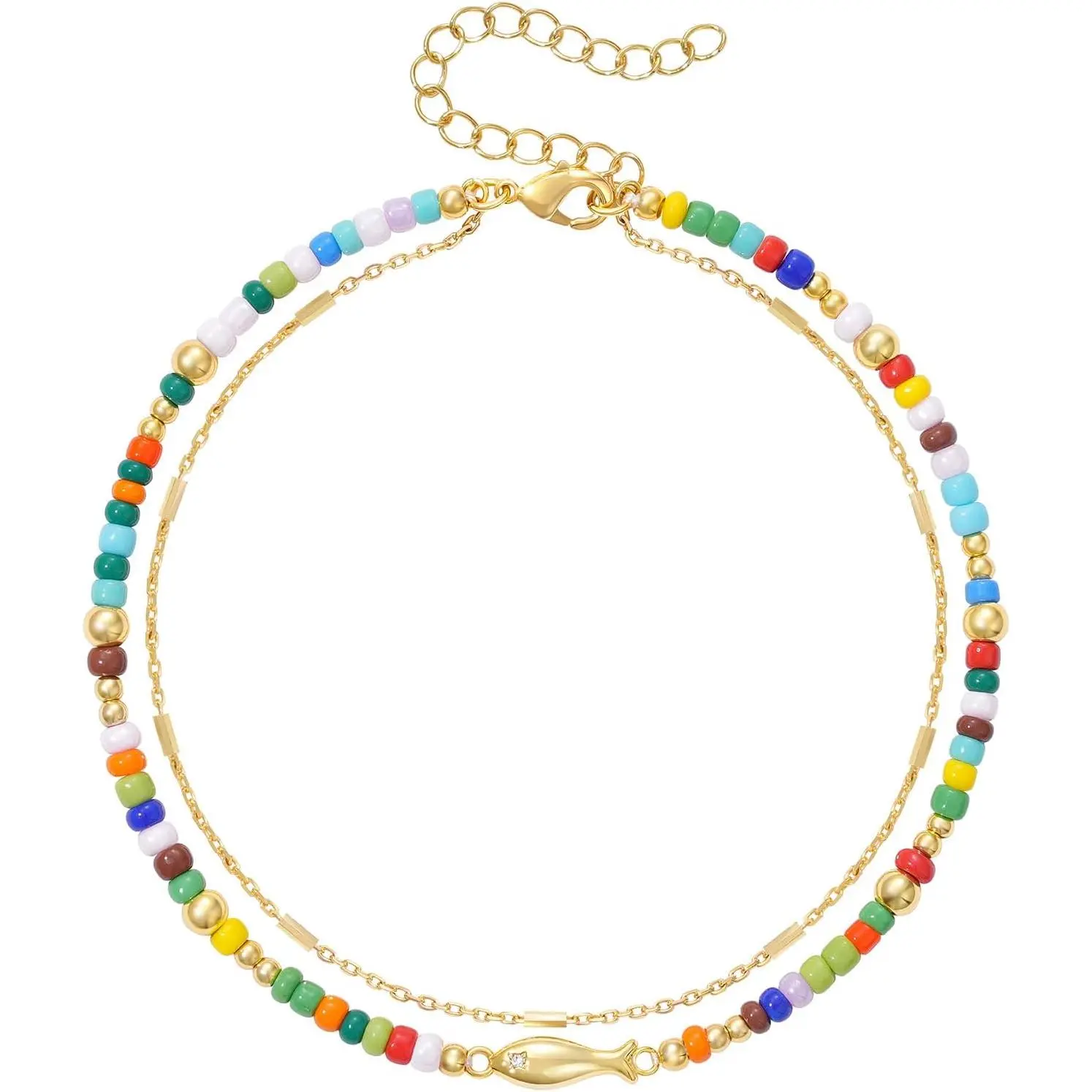 Beaded Ankle Bracelets for Women, Fish Charm Anklet | Layered Bead Anklets Stack with 14K  Plated Fish Pendant, Adjustable Summer Beach    for Her