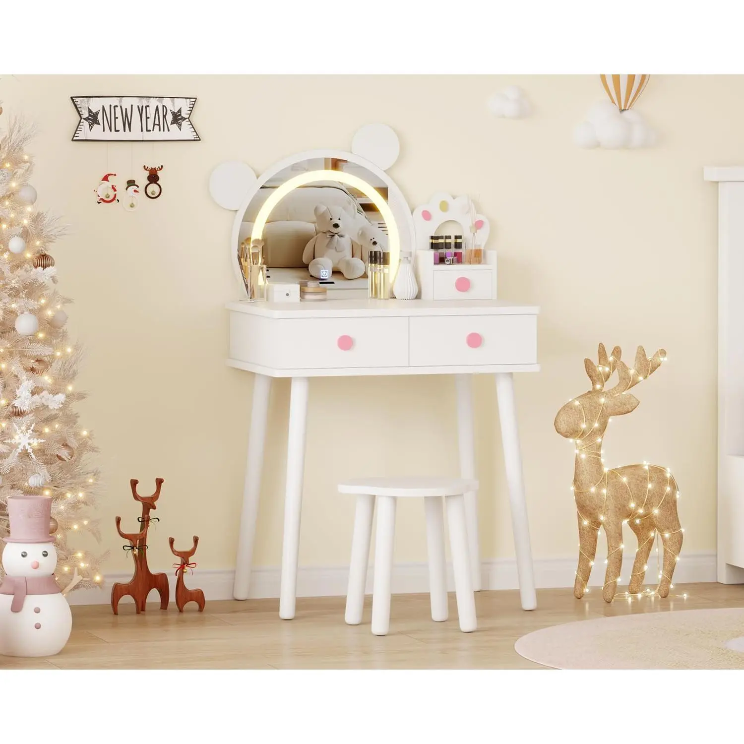 Bear-Shaped LED Vanity Table Set for Kids – Wooden Pretend Play Makeup Desk with Lighted Mirror, Storage Drawers, Stool – Princess Dressing Table for Girls Bedroom