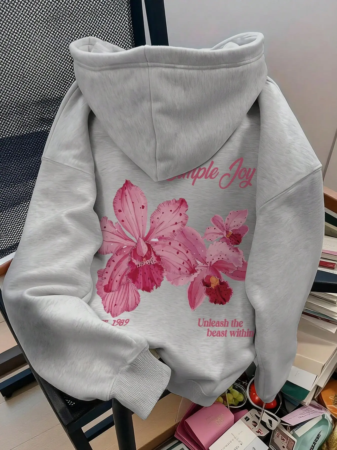 Fresh Floral Print Hoodie, Soft Light Base, Butterfly Orchid Backprint, Casual Spring & Fall Top, Loose Fit, Youthful Style