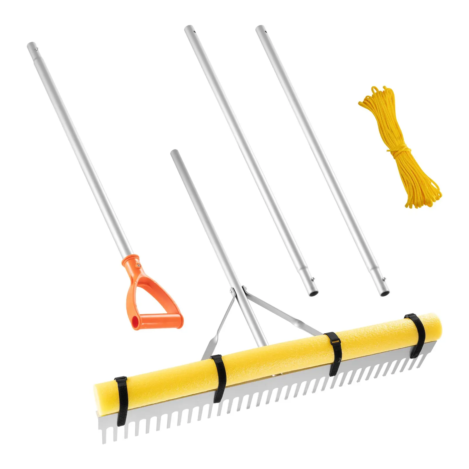VEVOR Heavy Duty Aluminum Landscape Rake, 36-in Wide Head, 133 Inch Overall Size (133x36x4.92 in), 5.73 lbs Weight, Adjustable Handle, 52-ft Rope, for Garden Soil Loosening, Beach Lawn Care, Asphalt Leveling, Pond Maintenance