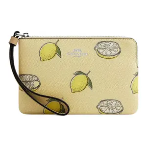 COACH Coach 17 Turn-Tab Zip Wristlet Clutch Bag for Women, Coated Canvas, Small Size, Yellow-Green