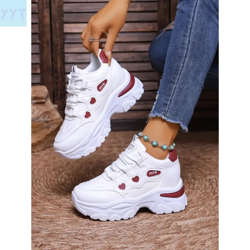 YYT1 Women's Heart Patchwork Thick Sole Dad Shoes, Colorblock Hidden Heel Sneakers, Casual Outdoor Shoes, Low Top Trainers