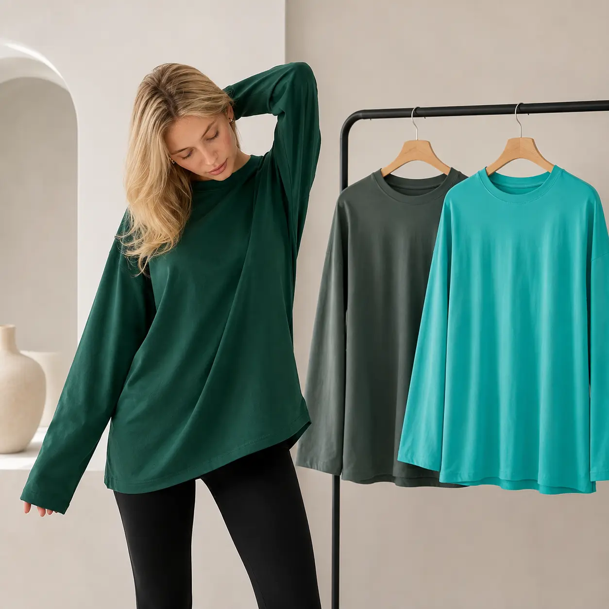 3PCS Women’s Oversized Cotton Long Sleeve T Shirt Crew Neck Drop Shoulder Loose Fit Basic Tee Solid Color Casual Everyday Top for Fall Spring Streetwear