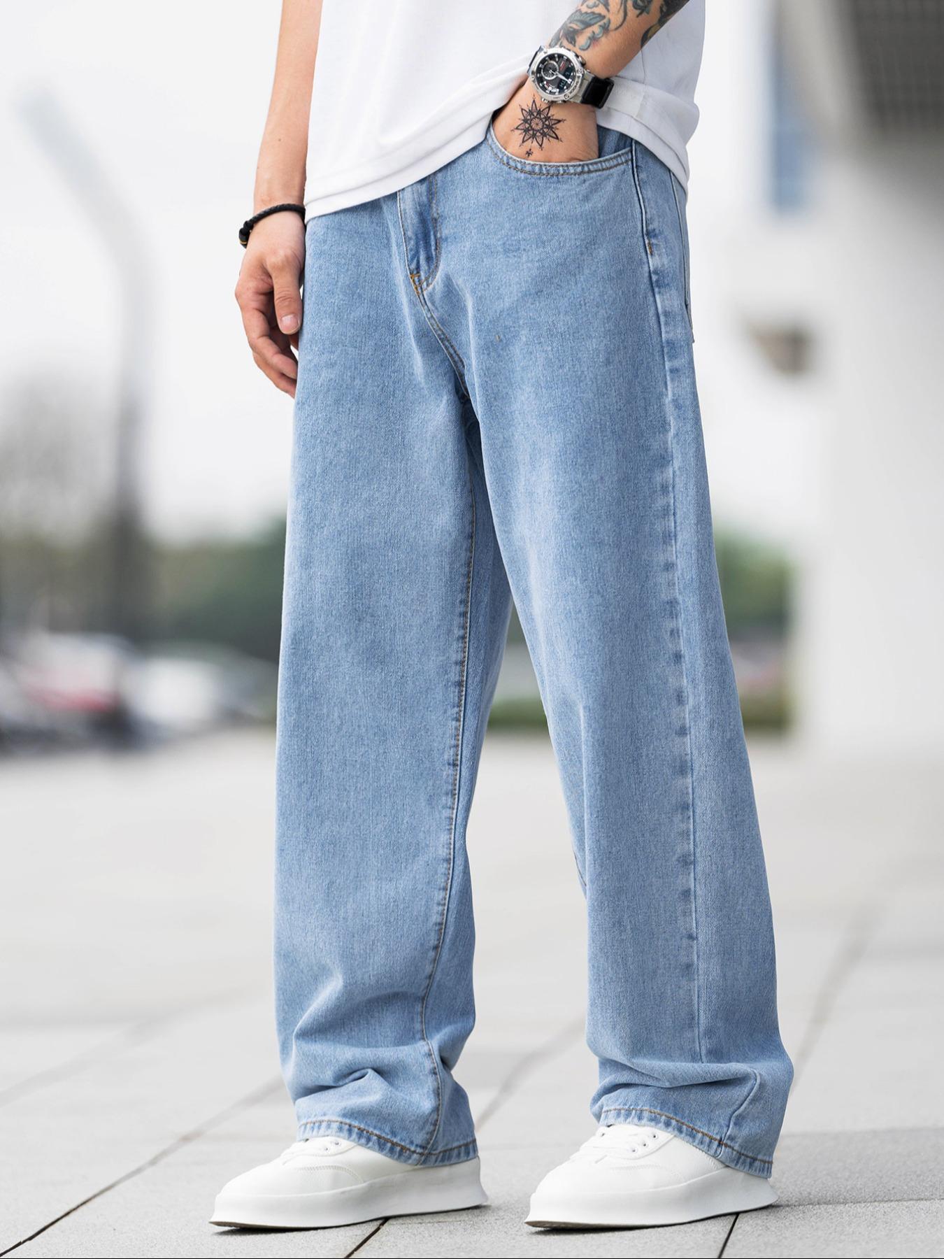 Men's Solid Color Wide Leg Jeans, Loose Casual Comfy Denim Trousers for Daily Wear, Fashion Men's Bottoms for All Seasons