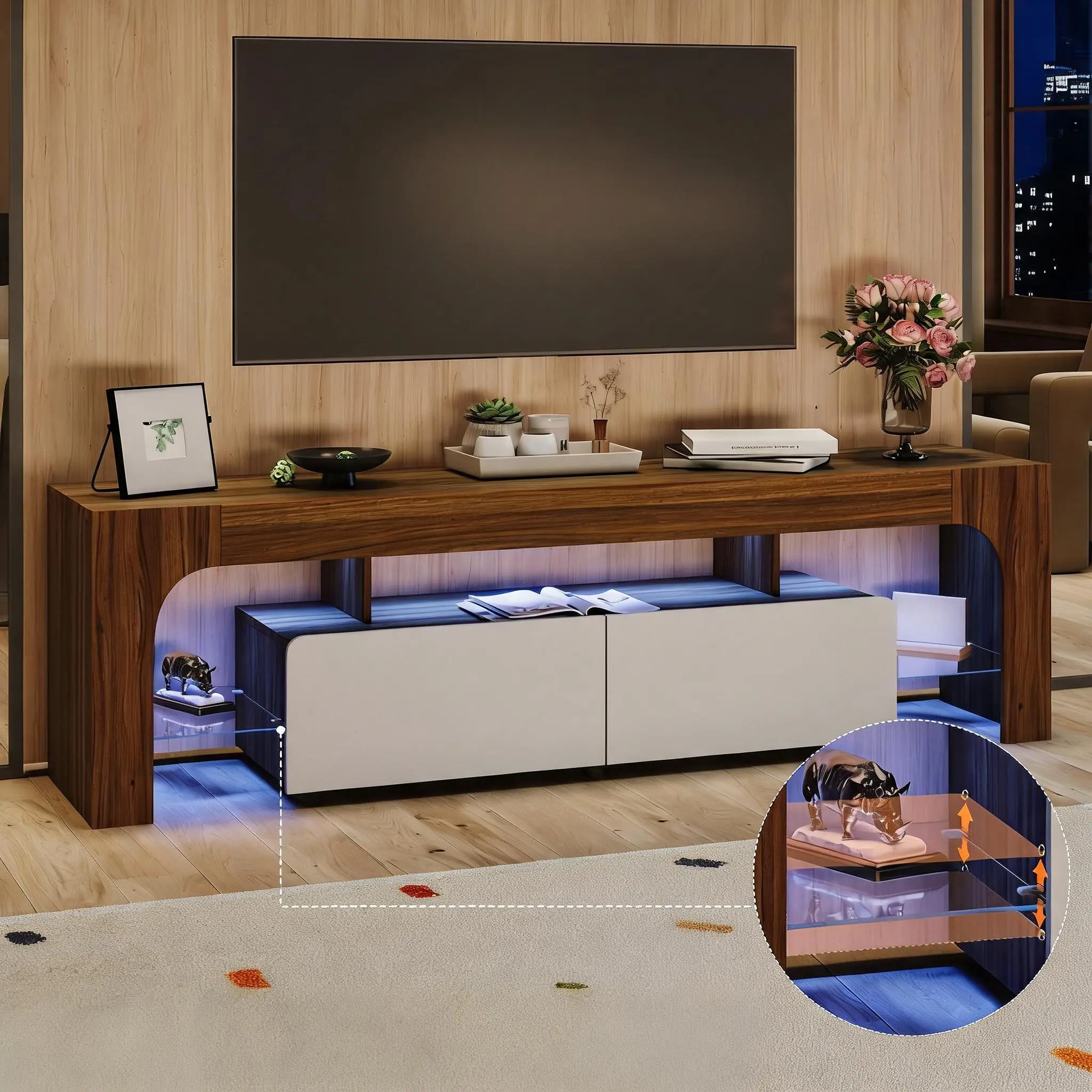 Modern LED TV Stand with Storage Cabinet for 50-75" TVs – Color-Changing LED Lights, Open Shelf Media Console for Living Room & Bedroom