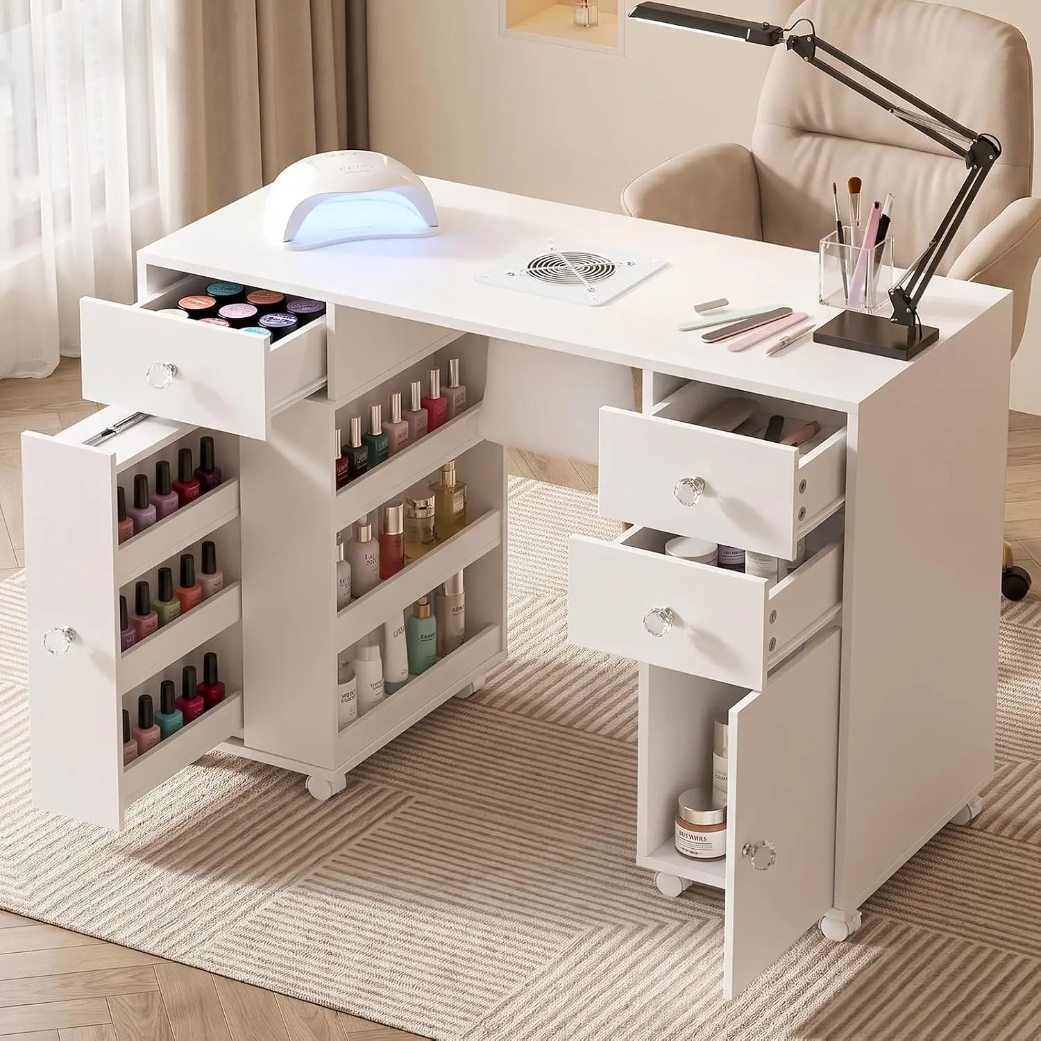 VOWNER Manicure Table Nail Tech Desk with Dust Collector & Storage Drawers| Acetone-Resistant Nail Table, Beauty Salon Station with Dust Bags & Cabinet, Rolling Nail Desk with Lockable Wheels, White
