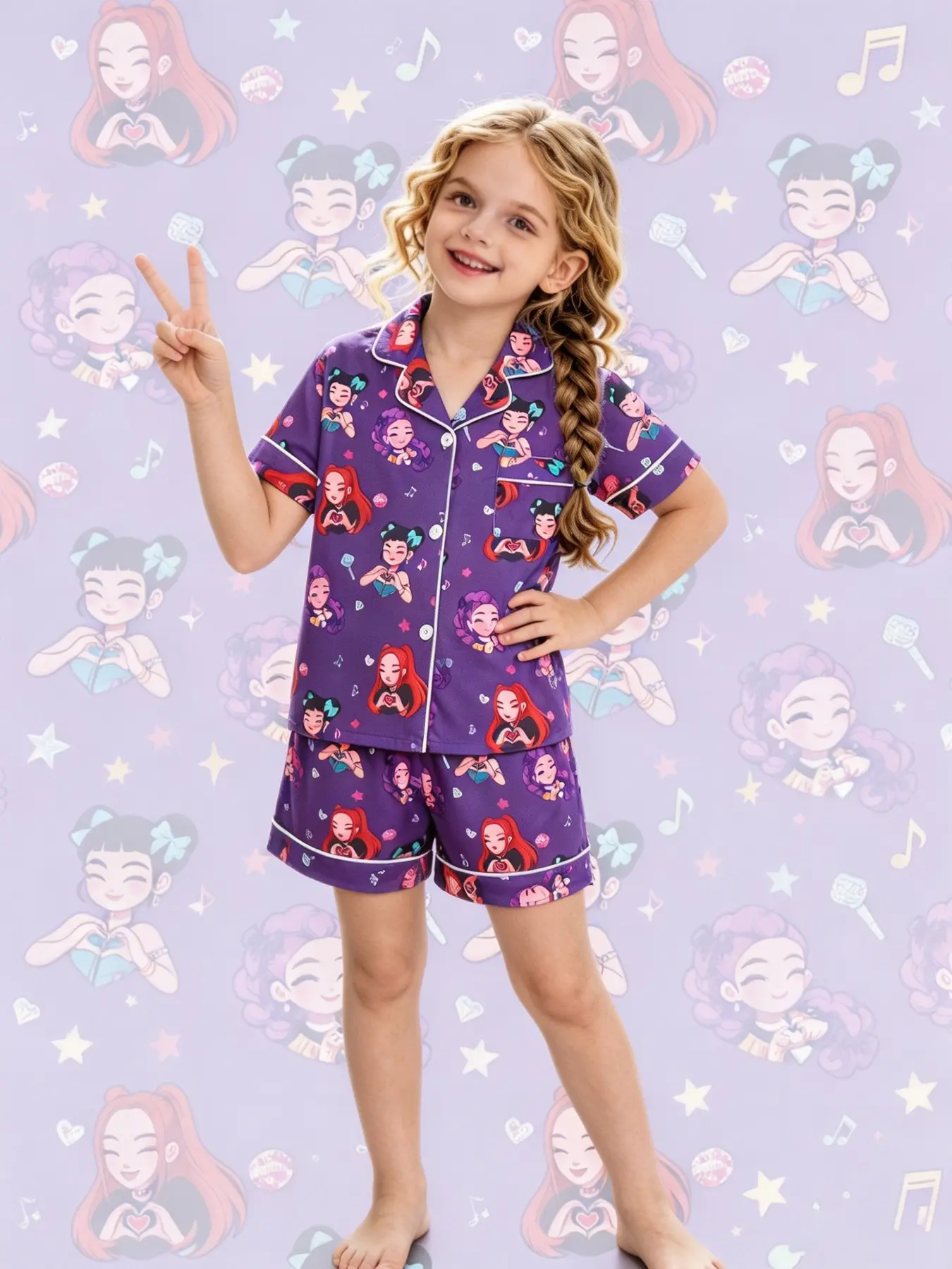 2-piece Kids' K-pop Girl Cartoon Pattern Print Short Sleeve Shorts Soft Top with Pockets and Turned-Down Collar Design, Elasticated Waistband, Home Casual Kids' Sleepwear Set, Matching Pajamas Set, Collared Pajama Set