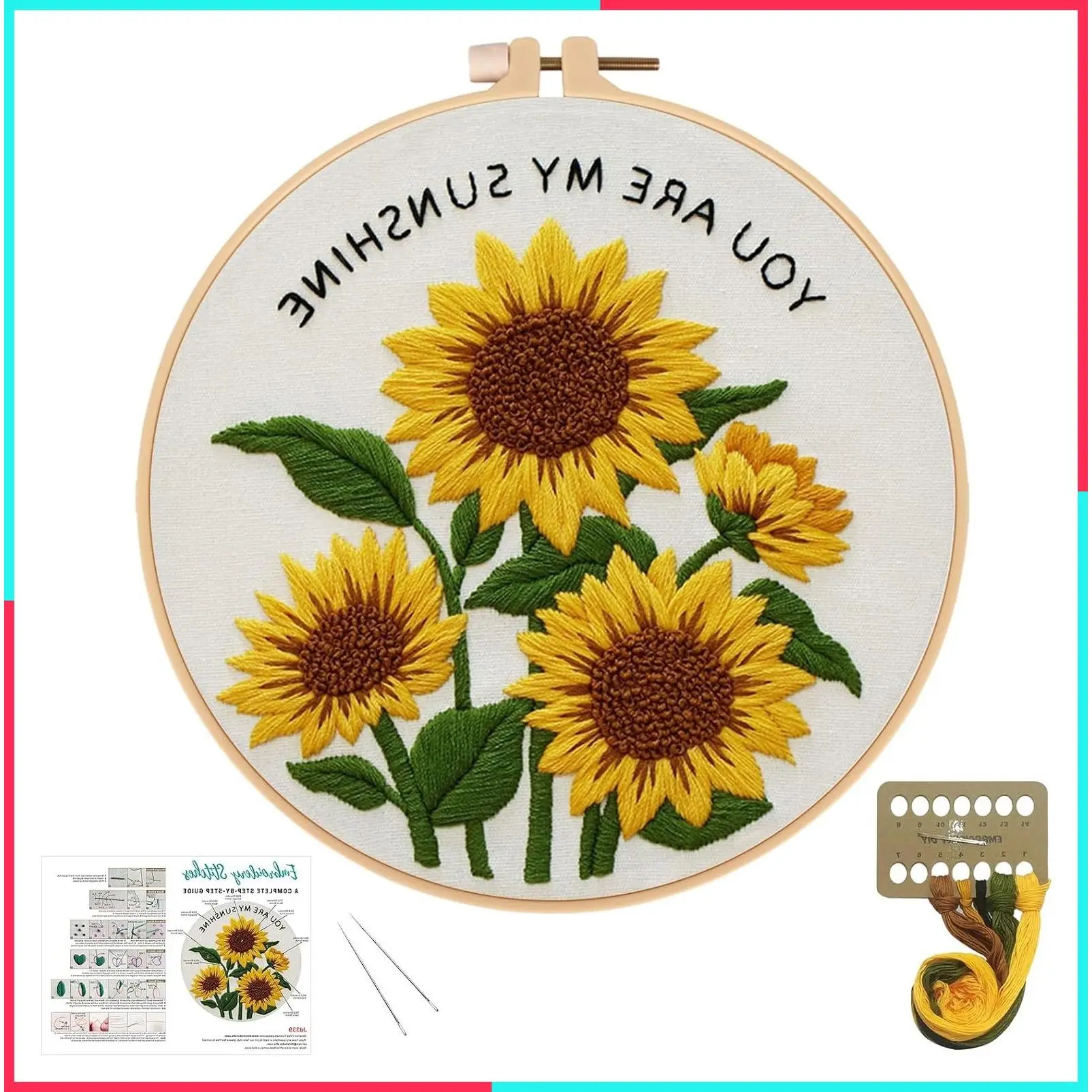 Sunflower Embroidery Kit for Beginners & Adults - DIY Cross Stitch Needlepoint with Hoop, Pre-Printed Fabric, Threads & Step-by-Step Guide