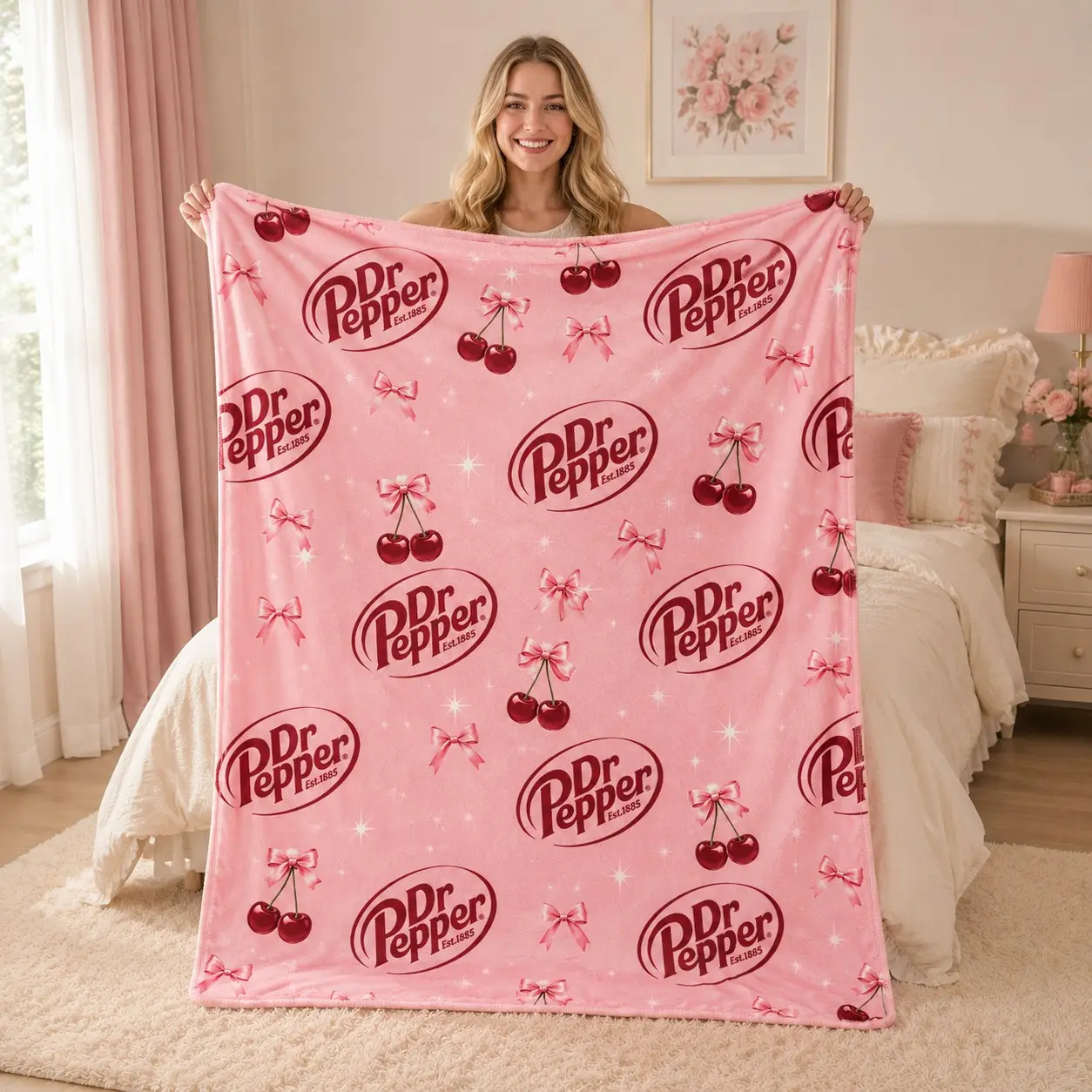 Dr Pepper Cherry Bows Flannel Printed Blanket, Cute Coquette Aesthetic Soda Brand Girly Throw, Soft Warm Cozy Bedroom Decor Gift for Teen Girls, Flannel Blankets